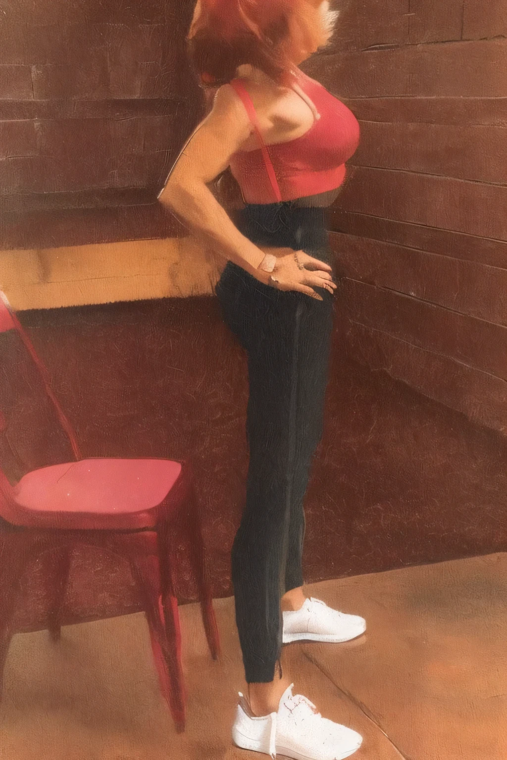 65 year old grandmother standing in front of chair,Red short-sleeved loose pants sneakers,Elastic straps on feet,Elastic band around shoulders, back and standing, side pose, upper and lower body, bend over posture, shrug, well toned, Medium Tall