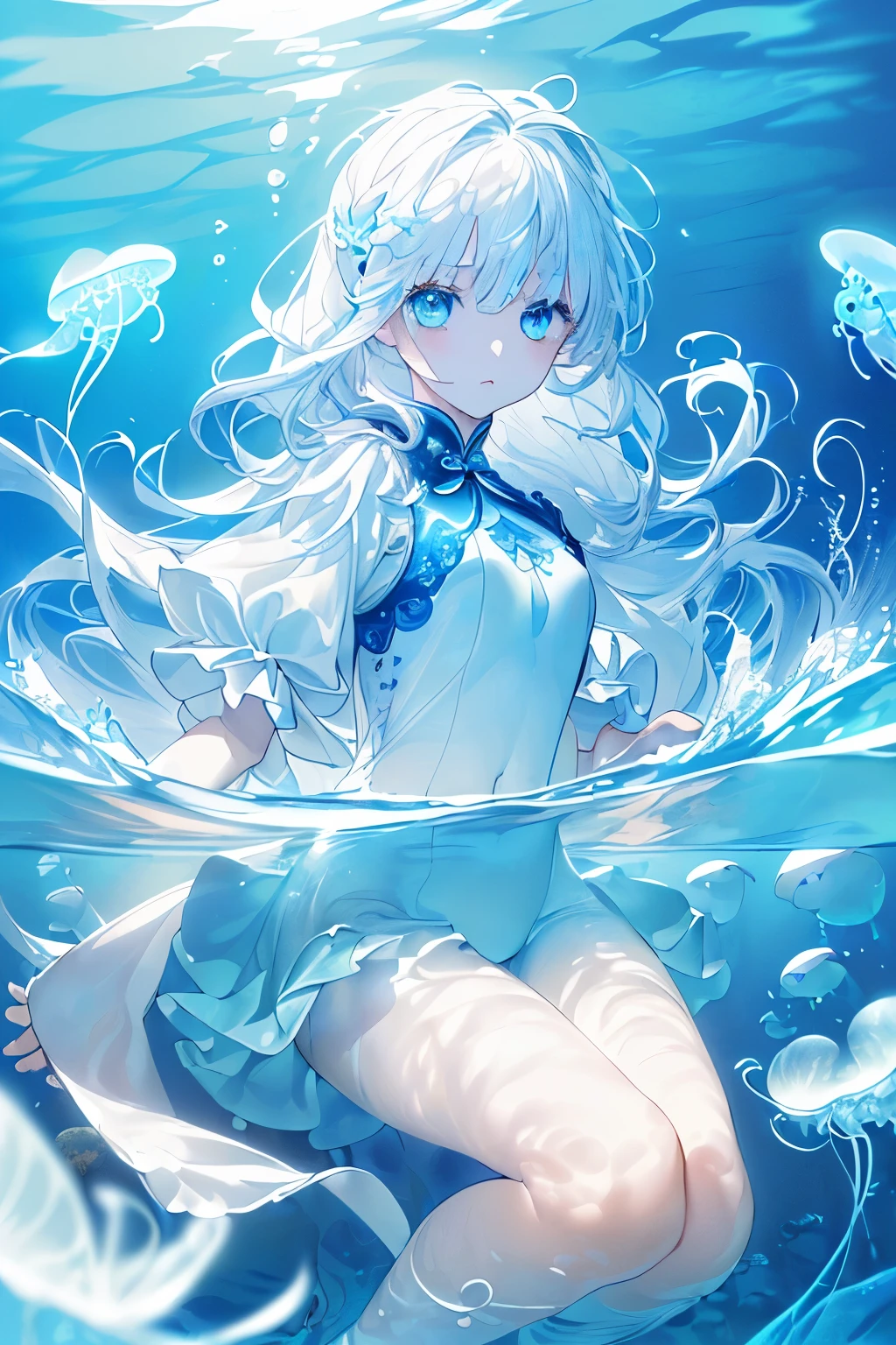 ((masterpiece、top-quality))、(1girl in、独奏:1.4)、beatiful detailed eyes、floting hair、(under the water:1.5)、foam、AngelT、(jellyfish)、fluorescent、sea turtle、sea weed、(white hair,Long:1.3),(Blue eyes:1.3),(under the waterに浮かぶ:1.5)
