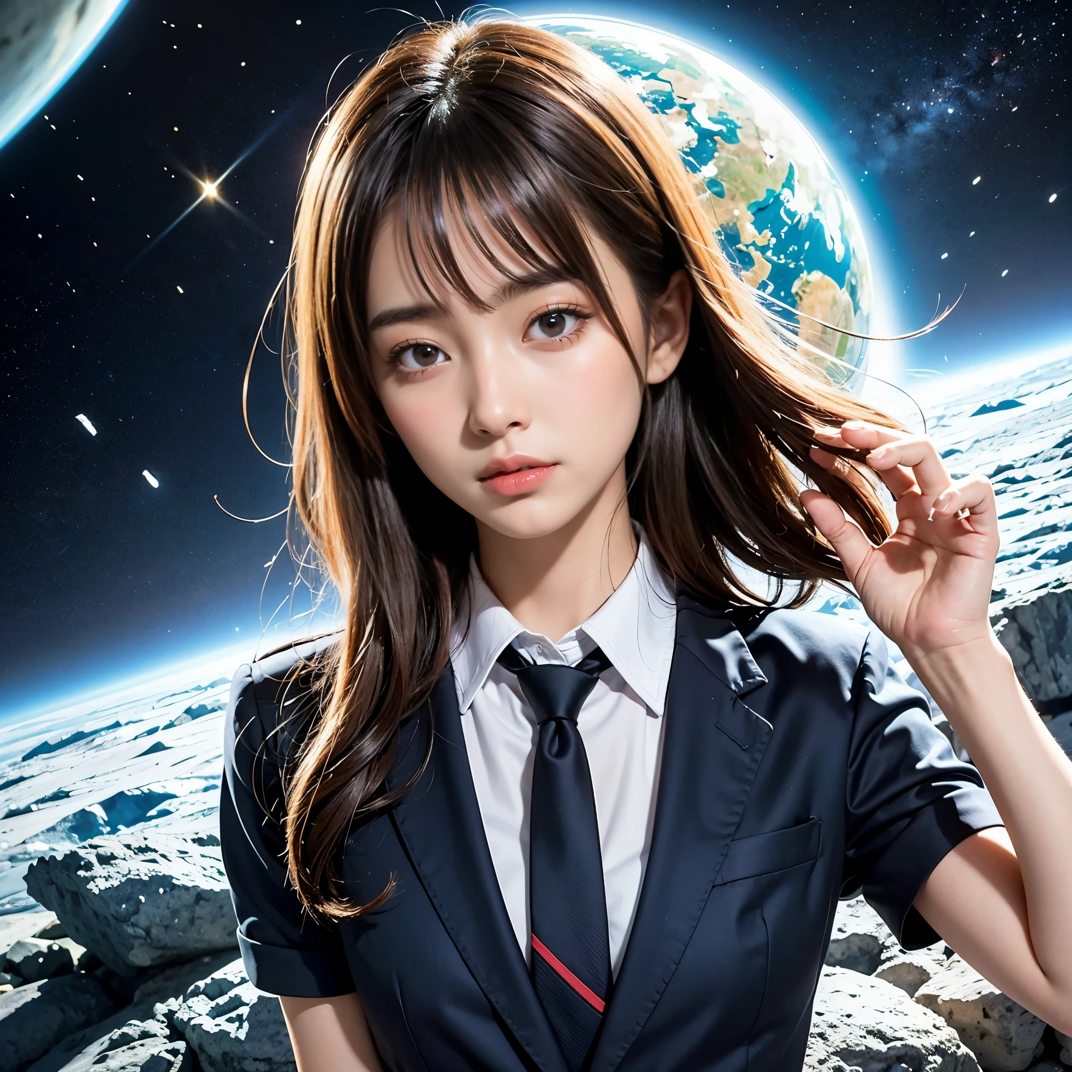 (masutepiece, Best Quality:1.2), 8K, Official art, Surprised expression、put one's hand over one's mouth、Wearing a suit、Gesture of removing tie、You can see the chest、Rough image of a girl in uniform holding a globe, official artwork, portrait anime space cadet girl, with earth, girl in space, Space High School, Space Girl, planetes, Trending on CGSTATION, 太陽系外planetes, Official art, Mar Planet, beautiful anime high school girl, sakimichan, planetesの隣に浮かぶ, in intergalactic japan、Five Fingers Photos'Body of, full body Esbian、Suit Beauty、Big Dipper in the background、star explosion、A dark-hairedの美しい裸足の女性, hold a flame in your right hand、tie a tie with your right hand、Turn your face up、looking-down、cool expression、明るい溶岩の光が小planetes帯の下から壊れた地球の上に昇る(Jagged rock rocks and fragments shot into the air:1.3) (Storm of windy dust debris:1.1) Volume fogmist by trace Z、It can allow bright light from below to pass through、 (masterpiece) (top-quality) (detaileds) (8K) (电影灯光) (foco nítido) (Convoluted)A dark-haired、14years、small tits、A delightful、A smile、unbelievable Ridiculous, (a beauty girl, Pretty Face, arching back down, Gold hair ornament on hair、wearing a suits、close up, Wearing a suit, Short sleeve, gardenia, violaceaess, spaces , Looking at Viewer, Film grain, chromatic abberation, オッパイfoco nítido, face lights, Dynamic lighting, Cinematic lighting, detailedsな目と顔, (Gray tie、1 copy:1.2)