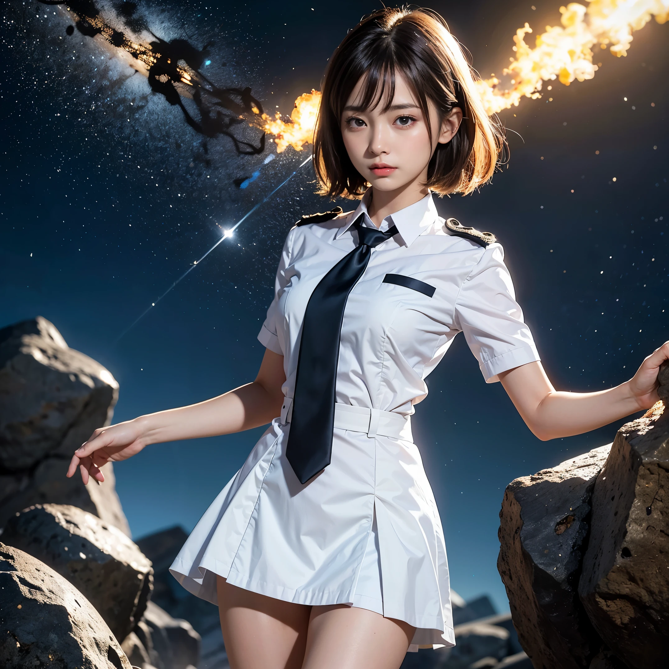 (masutepiece, Best Quality:1.2), 8K, Official art, Surprised expression、put one's hand over one's mouth、Wearing a suit、Gesture of removing tie、You can see the chest、Rough image of a girl in uniform holding a globe, official artwork, portrait anime space cadet girl, with earth, girl in space, Space High School, Space Girl, planetes, Trending on CGSTATION, 太陽系外planetes, Official art, Mar Planet, beautiful anime high school girl, sakimichan, planetesの隣に浮かぶ, in intergalactic japan、Five Fingers Photos'Body of, full body Esbian、Suit Beauty、Big Dipper in the background、star explosion、A dark-hairedの美しい裸足の女性, hold a flame in your right hand、tie a tie with your right hand、Turn your face up、looking-down、cool expression、明るい溶岩の光が小planetes帯の下から壊れた地球の上に昇る(Jagged rock rocks and fragments shot into the air:1.3) (Storm of windy dust debris:1.1) Volume fogmist by trace Z、It can allow bright light from below to pass through、 (masterpiece) (top-quality) (detaileds) (8K) (电影灯光) (foco nítido) (Convoluted)A dark-haired、14years、small tits、A delightful、A smile、unbelievable Ridiculous, (a beauty girl, Pretty Face, arching back down, Gold hair ornament on hair、wearing a suits、close up, Wearing a suit, Short sleeve, gardenia, violaceaess, spaces , Looking at Viewer, Film grain, chromatic abberation, オッパイfoco nítido, face lights, Dynamic lighting, Cinematic lighting, detailedsな目と顔, (Gray tie、1 copy:1.2)