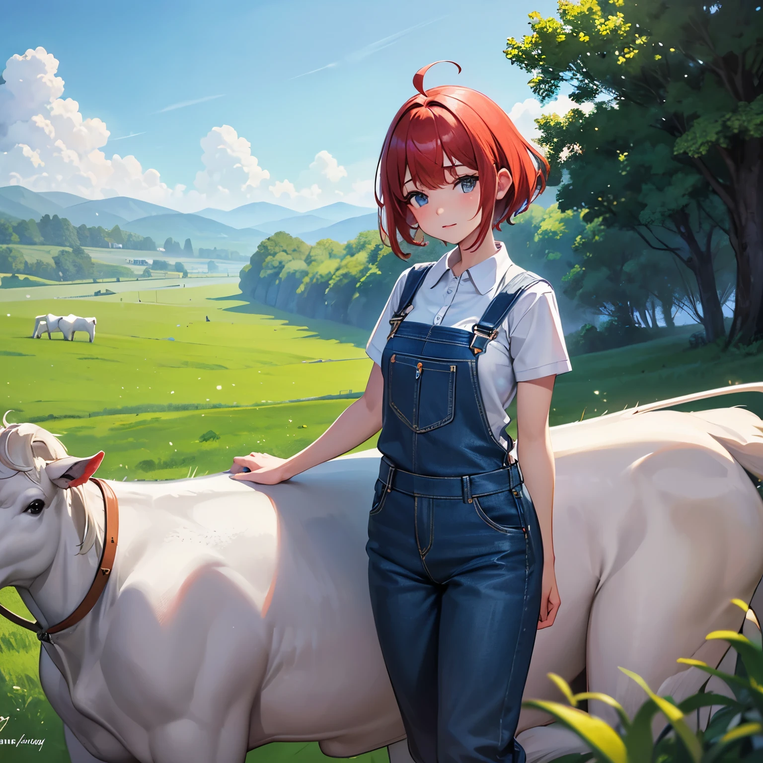 finest image, 8k, RAW photo, realistic, detailed, delicate, flashy and dynamic depiction, Cowherd cute girl wearing white flared shirt and overalls, ahoge, red short hair, great proportion, background farm, many cows, grazing, (magnificent view:1.1), clear skies