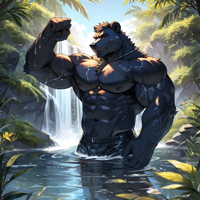 black bear man，strong，a plant，water flowing，peacful，Magnergy
