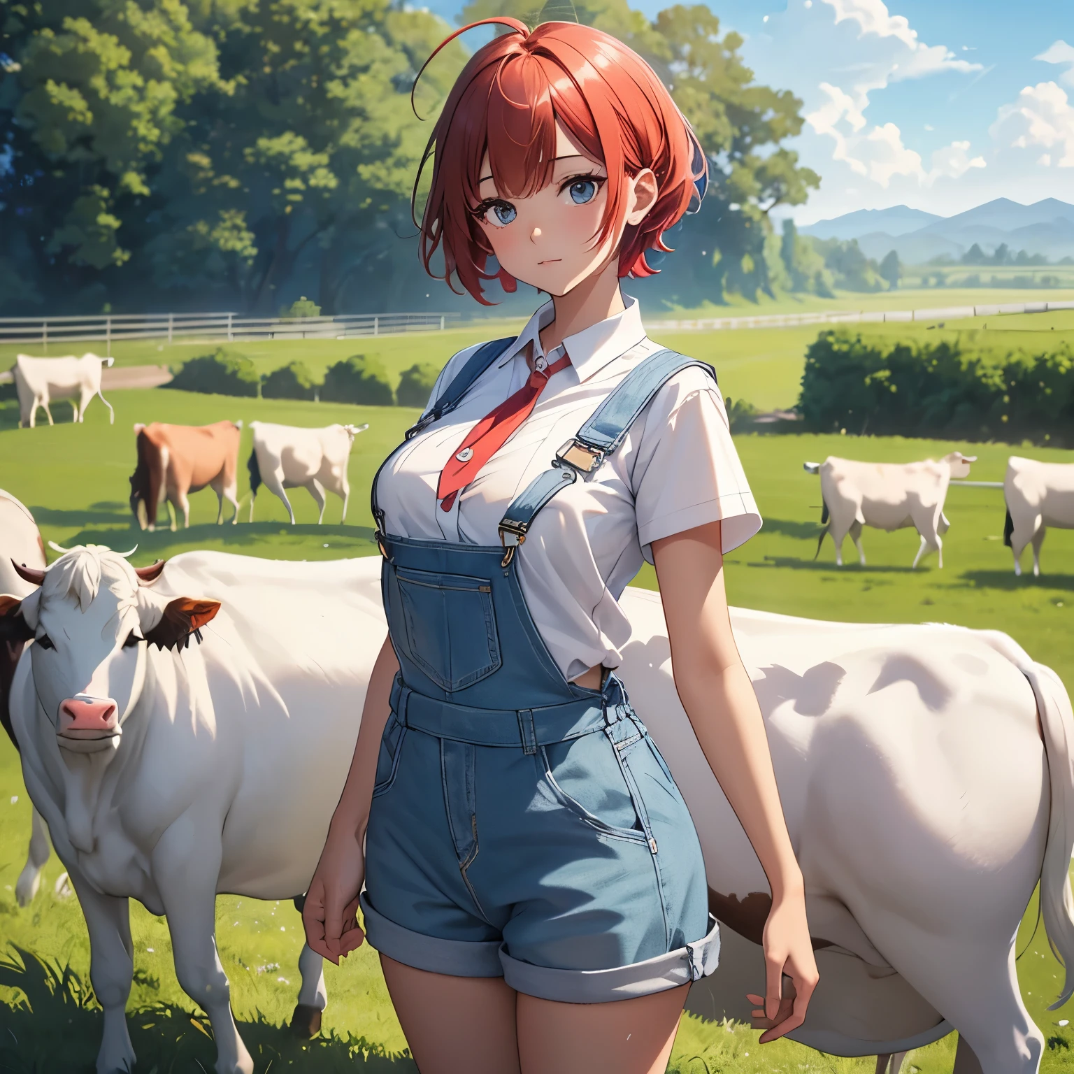 finest image, 8k, RAW photo, realistic, detailed, delicate, flashy and dynamic depiction, Cowherd cute girl wearing white flared shirt and overalls, ahoge, red short hair, great proportion, background farm, many cows, grazing, (magnificent view:1.1), clear skies