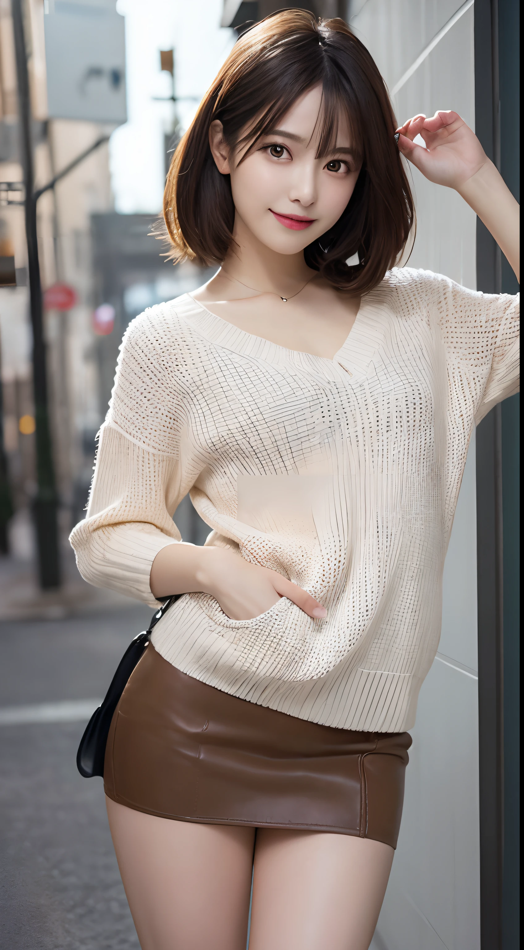 masutepiece, Best Quality, Illustration, Ultra-detailed, finely detail, hight resolution, 8K Wallpaper, Perfect dynamic composition, Beautiful detailed eyes, Off-white sweater, Mini Skirt Medium Hair,Brown hair color ,Small breasts, Natural Color Lip, Random and sexy poses,Random situations,Slender body,Slender face,A big smile