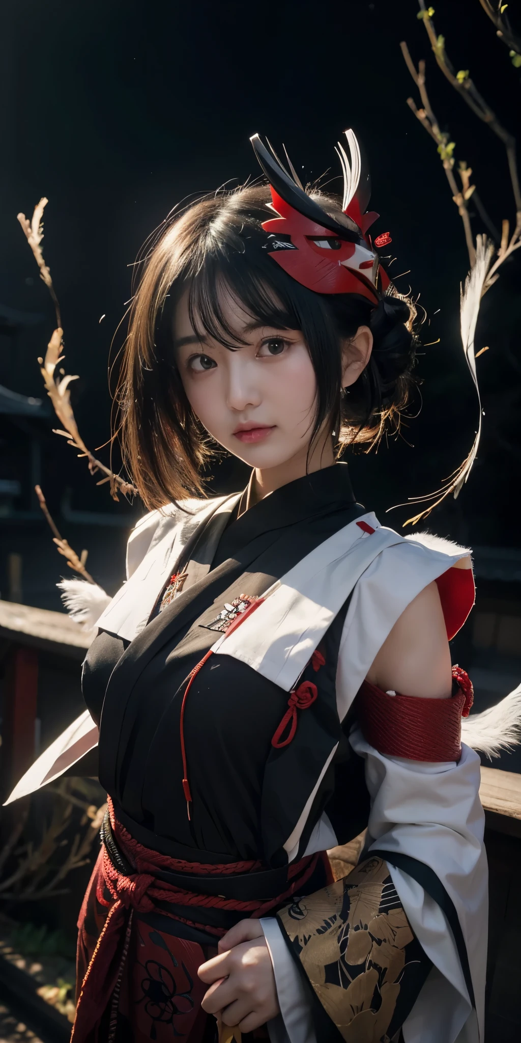 Kujou sara, genshin impact, short black hair, tengu mask, shrine maiden