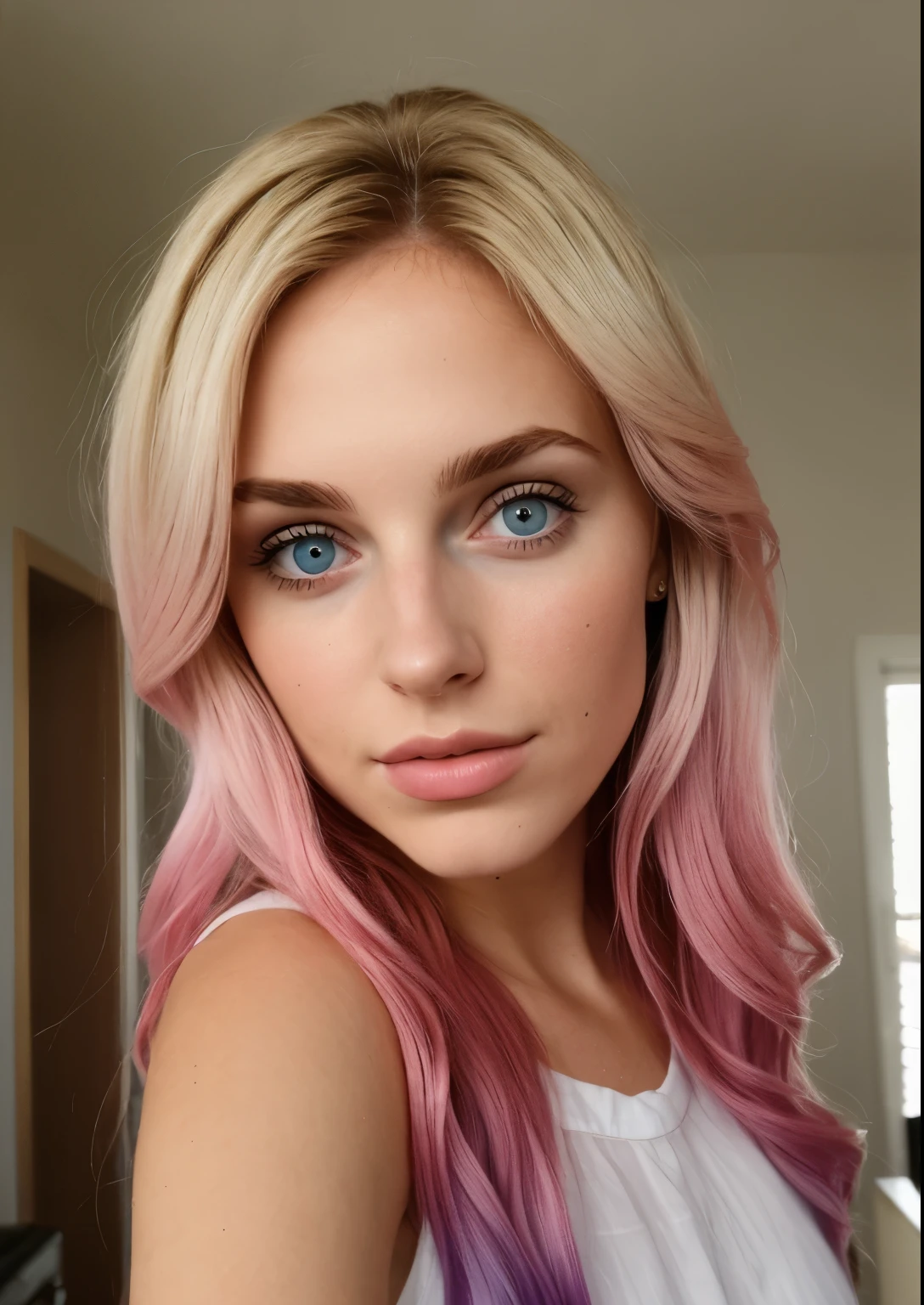 taken with iphone camera BREAK medium shot selfie of a pretty young woman BREAK (ombre:1.3) blonde pink BREAK film grain, medium quality