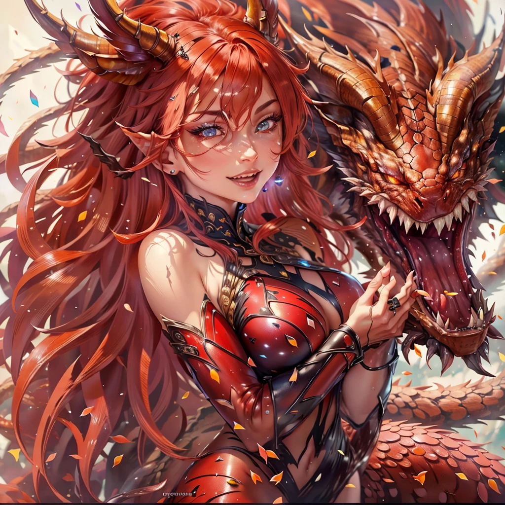 (best quality,4k,8k,highres,masterpiece:1.2), ultra-detailed, realistic, sexy dragon woman with ruby red glittering scales, long fiery red hair, very playful but mischievous smile, naked, nude, detailed crotch, detailed vulva, detailed pussy, sexy pose, playful, bi-coloured eyes, heterochromia, lustful