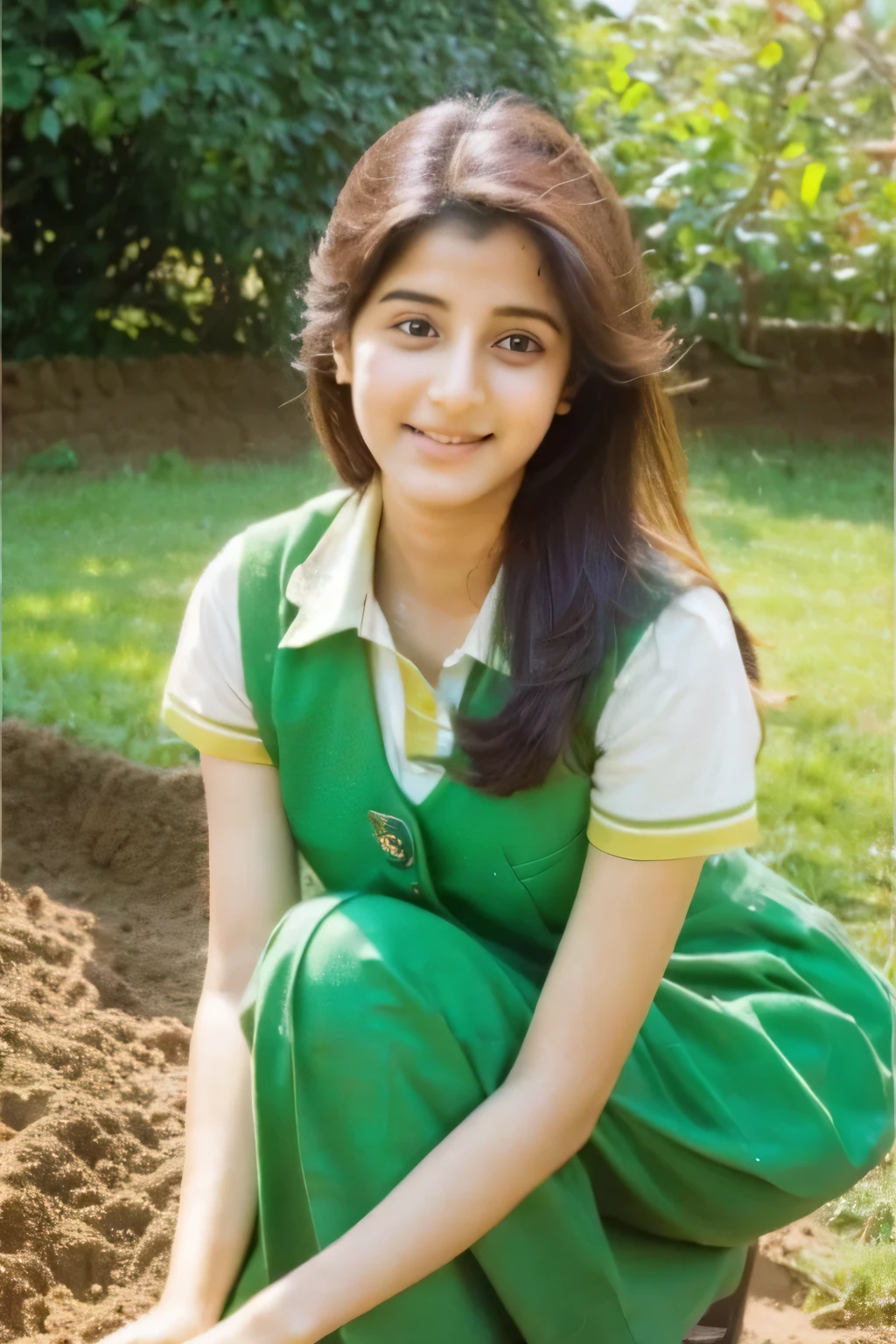 Create a cute girl name "Simi khanna" age 19 wearing Green in mumbai school doing planting