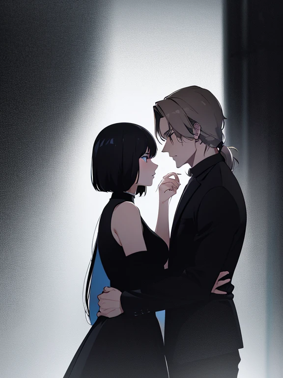 (best quality,highres),(dark, mysterious, foggy),silhouettes of a couple embracing each other, (long-haired, black dress) woman and (short-haired, muscular, white shirt) man, in the midst of dense mist with a dark atmosphere、stare at each other、make love