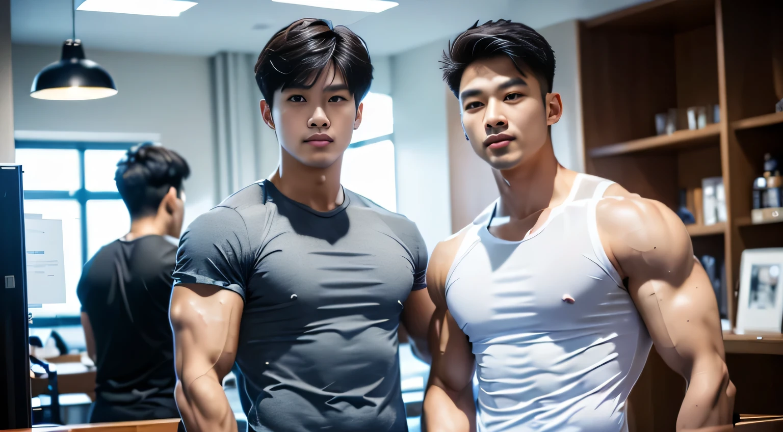 tmasterpiece: 1.2),(computer generated art:1.3),(actual:1.5),(Post-processing:1.3), (Focus Clear:1.3), 1人, Wear tight clothing，Young Koreans , Korean men, (high shadows detail), chest muscle, Big arm muscles, blood vessel, large muscle, broad shoulder, looking at viewert, balance eyes, nightclub, ports, cafe shop