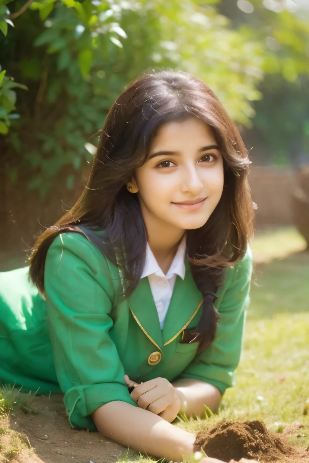 Create a cute girl name "Simi khanna" age 19 wearing Green in mumbai school doing planting