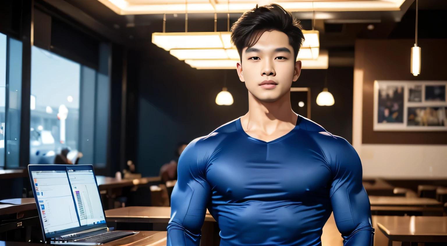 tmasterpiece: 1.2),(computer generated art:1.3),(actual:1.5),(Post-processing:1.3), (Focus Clear:1.3), 1人, Wear tight clothing,Young Koreans , Korean men, (high shadows detail), chest muscle, Big arm muscles, blood vessel, large muscle, broad shoulder, looking at viewert, balance eyes, nightclub, ports, cafe shop