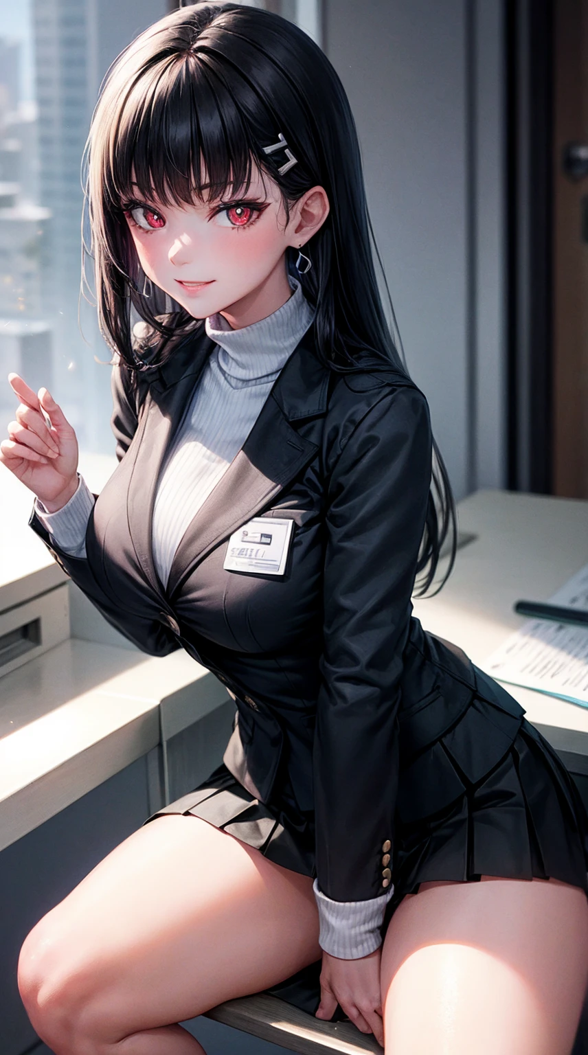 8k, highres, ultra detailed, (masterpiece:1.4), best quality, symmetrical body, (Black blazer with white roll neck sweater underneath:1.4), (short black skirt:1.4), choker, cute, solo, earrings, long hair, black hair, red eyes, glow effect, finely eye, wide smile, detailed face, looking at viewer, smilling at viewer, in the office, sitting at desk, angled view, big breasts, seductive look