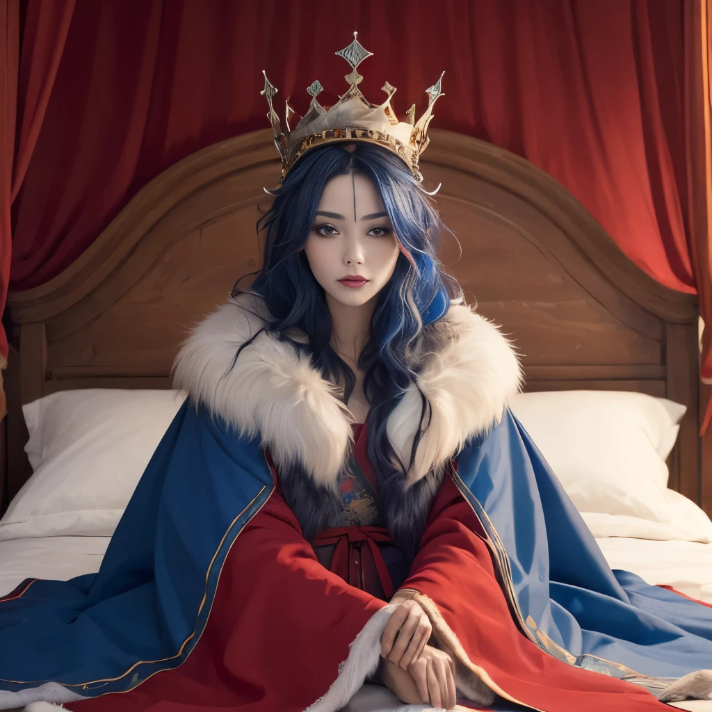 ((best quality)),((masterpiece)),((strikingly beautiful)),1girl, solo, high quality, masterpiece, skinny, bedhead,
canopy bed,
color: red/blue,
coronation robes,
fur,
simple crown,
tattoos,