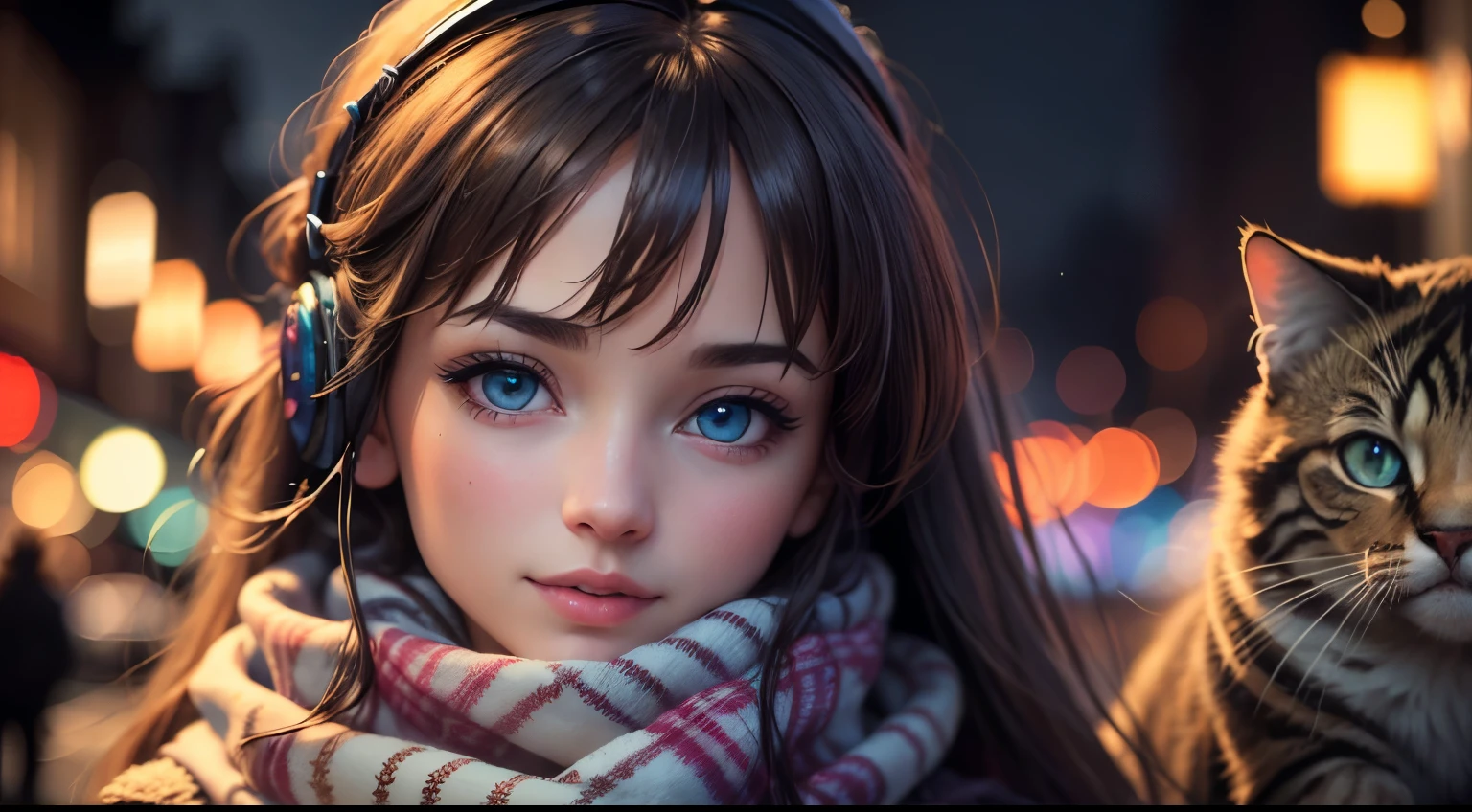 (best quality,4k,8k,highres,masterpiece:1.2),ultra-detailed,(realistic,photorealistic,photo-realistic:1.37),anime,portraits,beautiful detailed eyes,beautiful detailed lips,extremely detailed eyes and face,long eyelashes,long hair,1girl,new year's eve street,cute,holding a kitty,listening to music,green-blue eyes,playful expression,warm scarf,colorful lights,winter night,vivid colors,bokeh,lively atmosphere,soft glow,party ambience,festive decorations,joyful celebration,enchanted scenery,lively cityscape,crisp air,icy breath,resolution:8k
