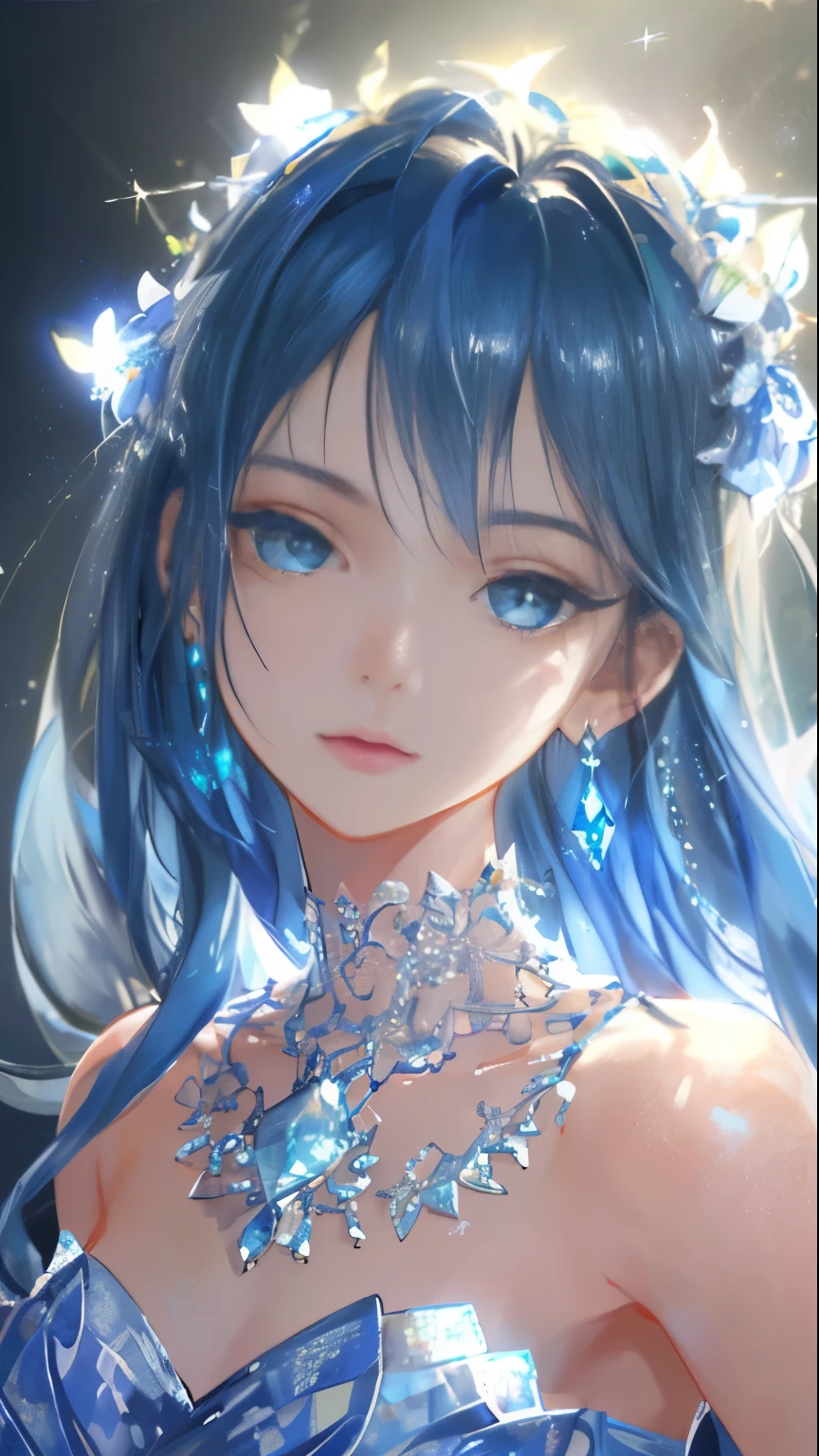 Masterpiece, Best Quality, Illustration, Sax Blue, Platinum Earrings, Platinum Necklace, Blue Dress, 1girl, Cute, (Dynamic Lighting:1.2), Cinematic Lighting, Delicate Facial Features, Detailed Eyes, Sharp Pupils, Realistic Pupils, Depth of Field, Bokeh, Sharp Focus, (Ultra Detailed, Bloom, Glow:1.4), Many Little Jewels,Angel Wings,Beautiful Abs