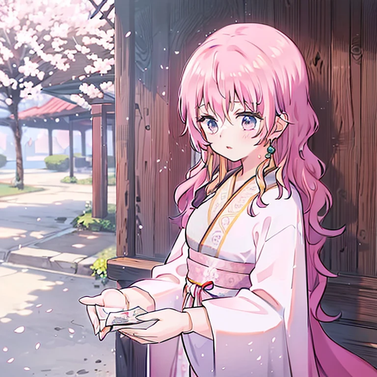 long, flowing hair in various shades of pink, slender yet strong physique, elegant robe in shades of pink and white, adorned with intricate patterns resembling sakura blossoms.