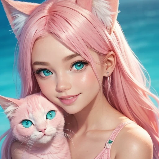 influencer, thick wavy shoulder-length bright pastel pink hair, big expressive blue-green eyes, heart-shaped face, full lips, small diamond-shaped nose, strong jawline, skin with slight shimmer, mixed-race. she is smiling and holding a pink cat.