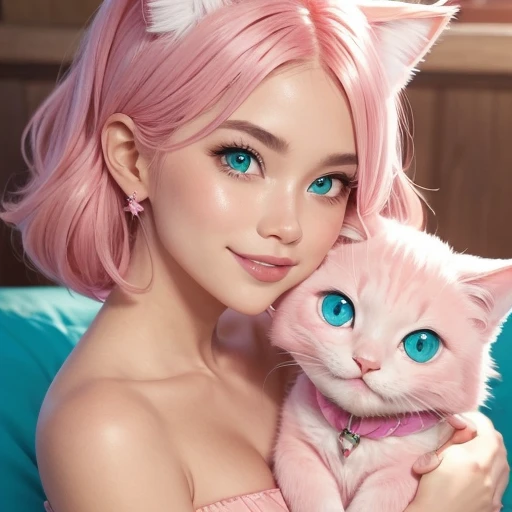 influencer, thick wavy shoulder-length bright pastel pink hair, big expressive blue-green eyes, heart-shaped face, full lips, small diamond-shaped nose, strong jawline, skin with slight shimmer, mixed-race. she is smiling and holding a pink cat.