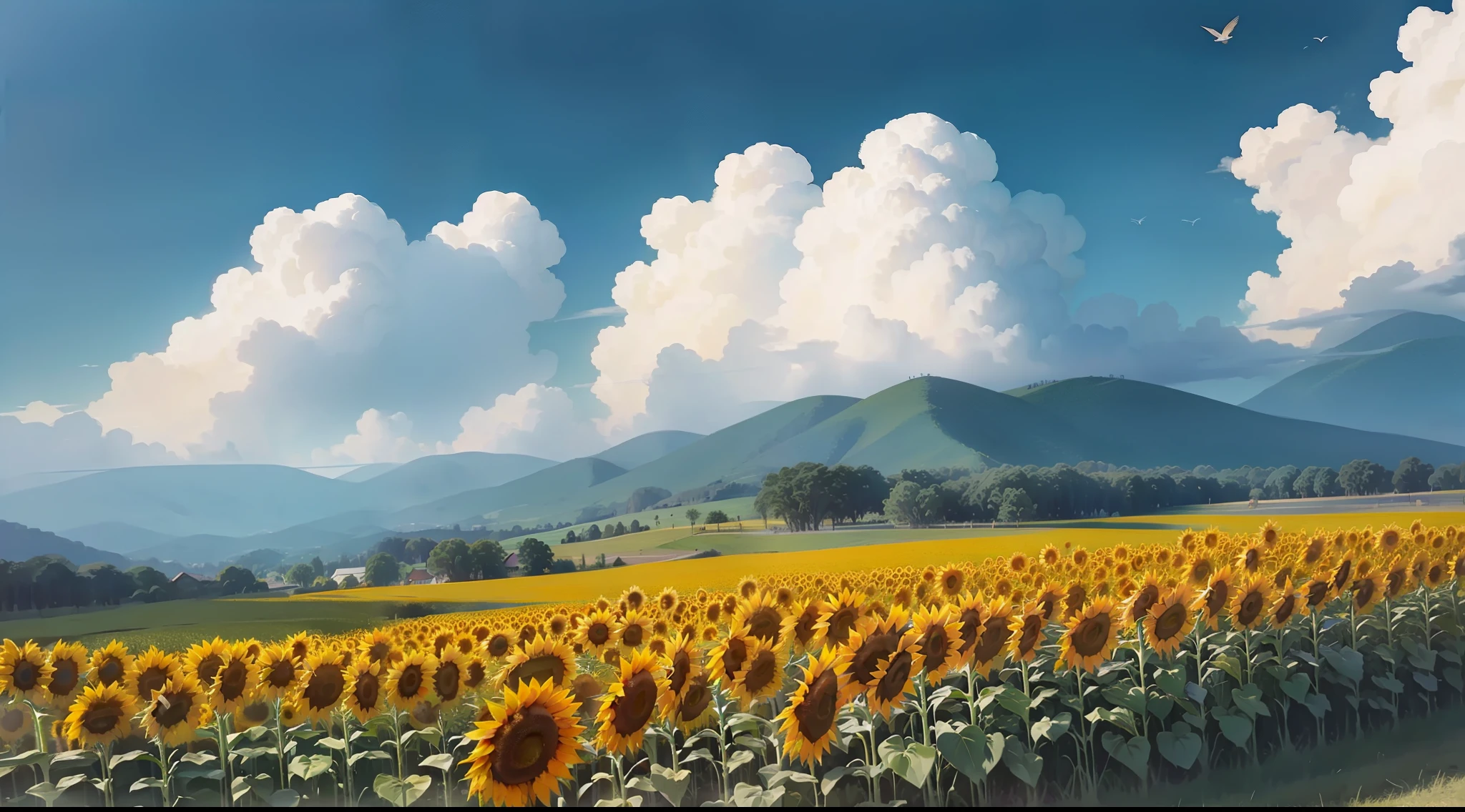 The background is full of clouds,There are many sunflowers under the sun,There are birds flying in the distance
