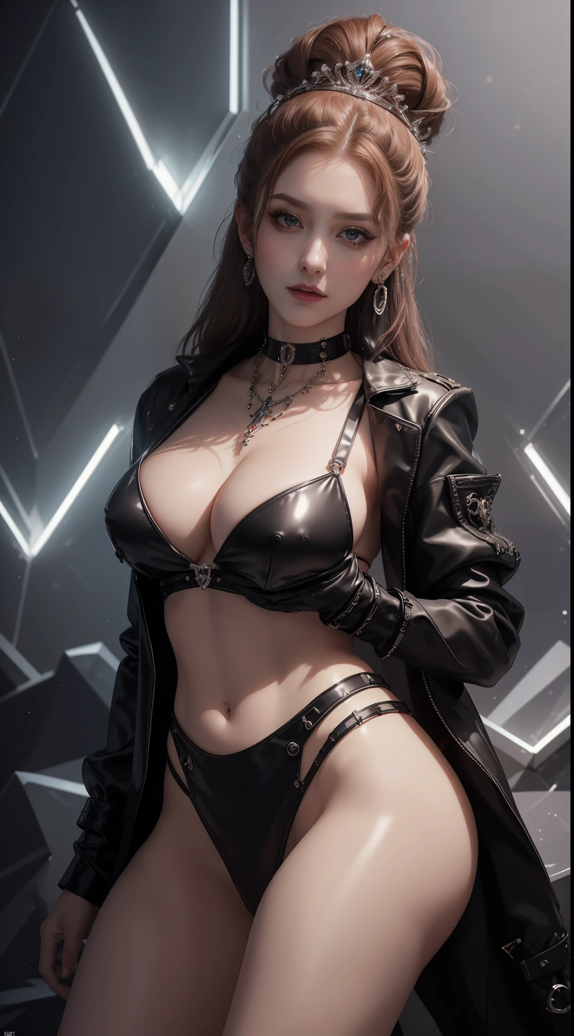 tmasterpiece，Highest image quality，Beautiful bust of noble mature aunt，Exquisite red updo hairstyle，Decorated with tiara，choker，ear studs，Avant-garde black metallic leather jacket，leg loopquisitely crafted jewelry，Ultra-detailed details，advanced。At the Pixiv Art Station，Break your own power，Louie，Big breasts exposed，，R-18G