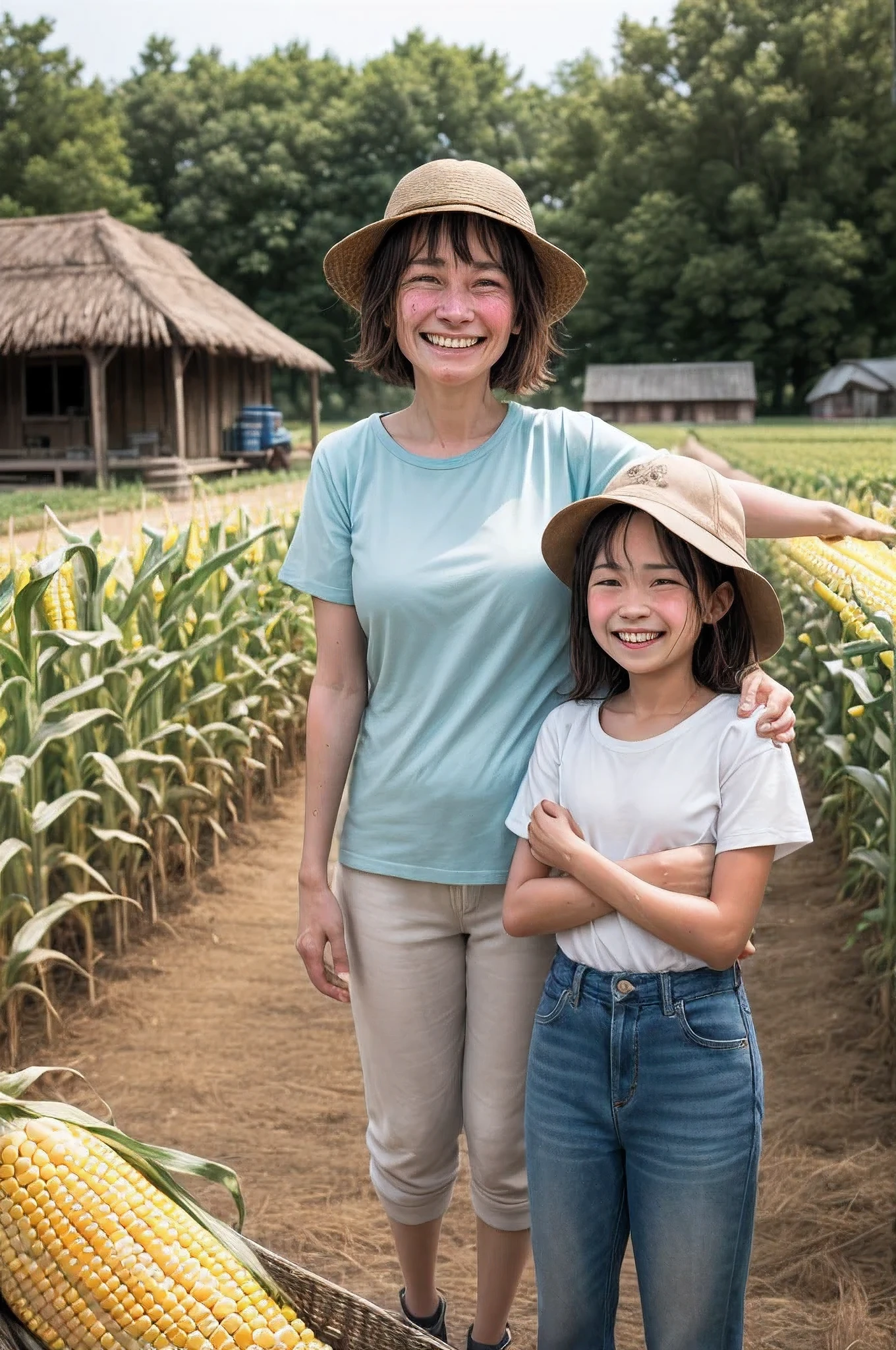 2girls, old mother and daughter, standing, weeping sweat, happy smiling, ((sweat)), hat, (corn farm:1.2), cute , Calm farm life with warm sunshine, village