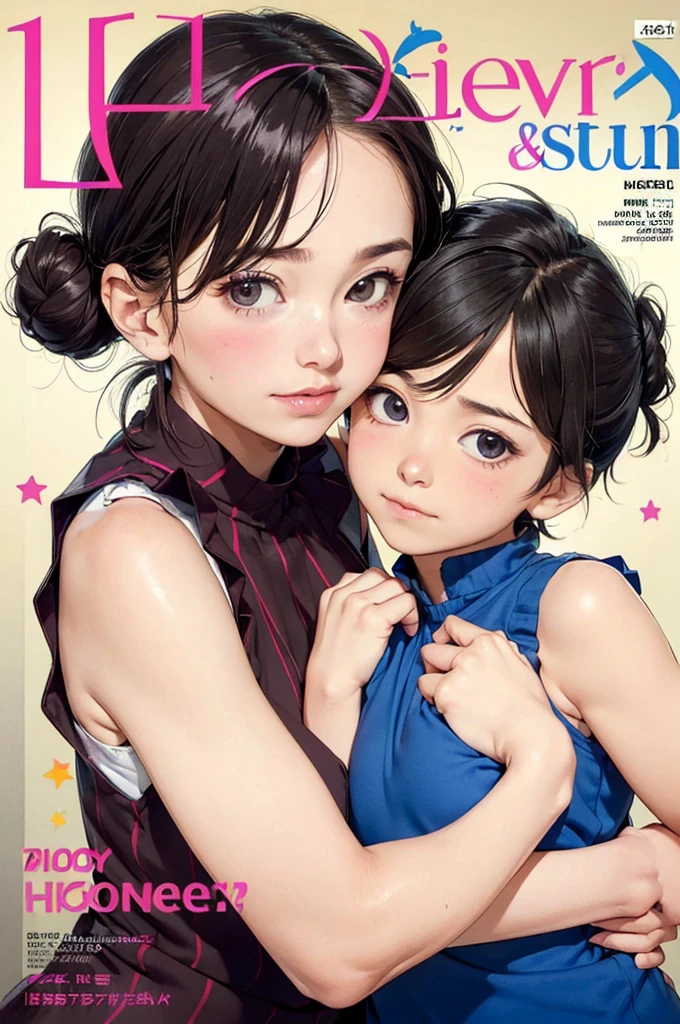 (colorful  Magazine cover with lots of text)，(close-up:1.2)，pajamas， 1girl，Grasp by hand，(mother and son:1.5)，(kiss:1.2)，(A ten-year-old boy:1.4)，(hug)，(1boys:1.6)，{26-year-old lactating woman},drunken eyes,Side Chest,open at the chest,disproportionate breasts, Nipples standing up,sweat,((Sleeveless, low-necked , open neckline:1.3)),{hairbuns，Women's hairstyle}, (areola:1.4)，Ultra-fine face, detailed eye, Double-fold eyelids，ssmile，pervert