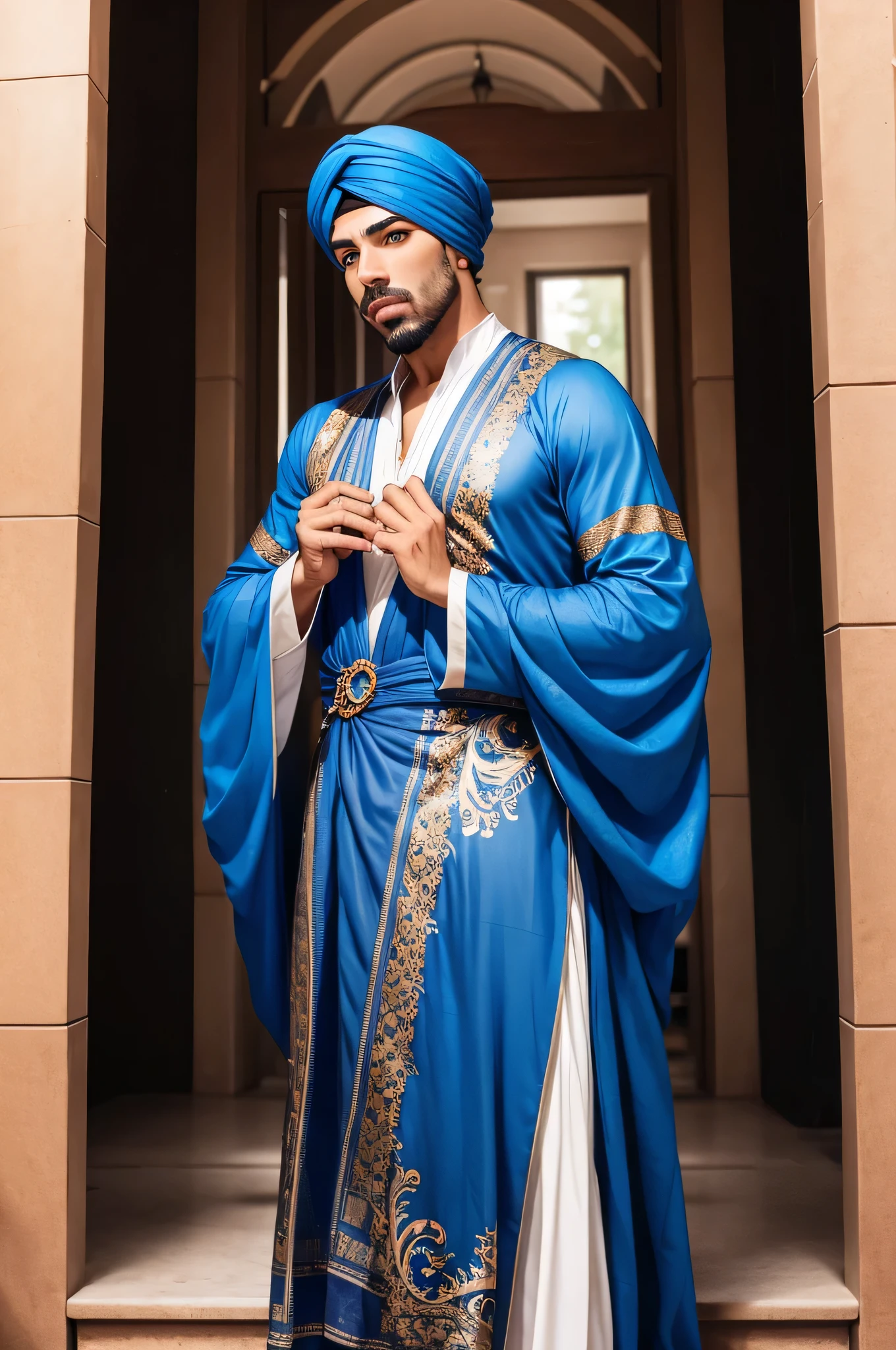 A cartoon picture of an arabic man wearing colourful arabic clothes standing inside a cave filled with open treasure box and jewels and diamonds looking at it astonishingly and with happiness