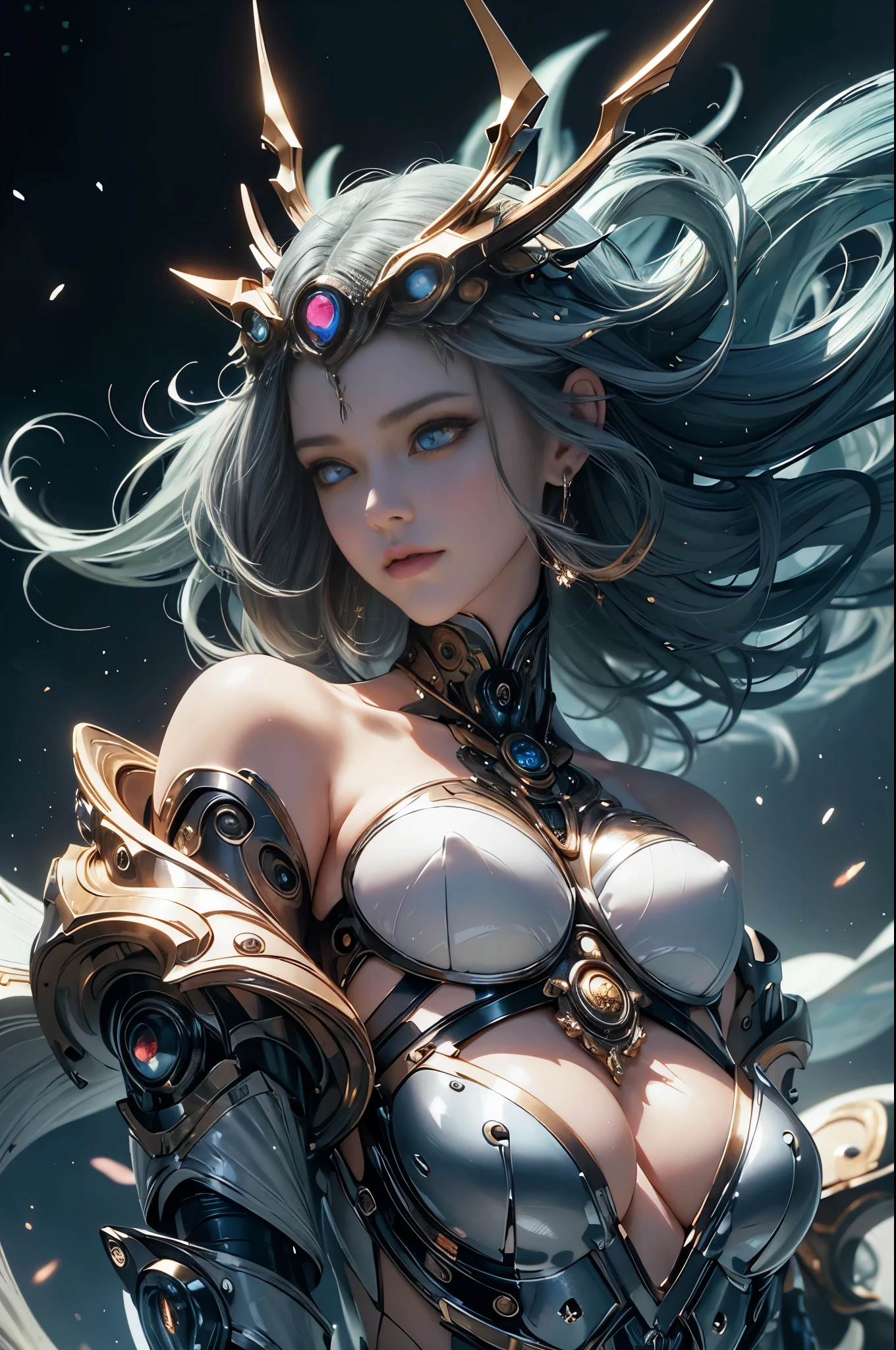 intricate ornate anime cgi style, super detailed fantasy characters, 4K highly detailed digital art, karol bak uhd, cyborg goddess in cosmos, beautiful digital works of art, 2. 5 d cgi anime fantasy artwork, Goddess. extremely high detail, portrait of cyborg queen, extremely detailed goddess shot, Half body machine, Inorganic, Next generation high performance cyborg, Goddess of Machines, The perfect cyborg, ultimate replicant, A masterpiece created by ultra-high performance AI, Final weapon, Best Quality, Perfect Angle, perfect-composition, sharp outline, Best Shots, perfect shapes, perfect model style, Very beautiful and detailed eyes, Hollow eyes, blue eyes without pupils