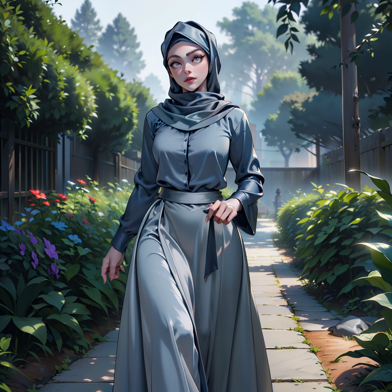 3dmm style, ((Masterpiece, best quality, photography, detailed skin, realistic, photo-realistic, 3D Character Design, pixar, real cartoon, High detail RAW colour art, diffused soft lighting, shallow depth of field, sharp focus, hyperrealism, cinematic lighting, a Turkish lady, beautifully makeup, beautiful big eyes, eye shadow, long eye lashes, wearing ((Gray satin hijab)), ((Dark blue satin shirt)), satin long skirt, medium breast, wide hips, curves, walking the garden, outdoors