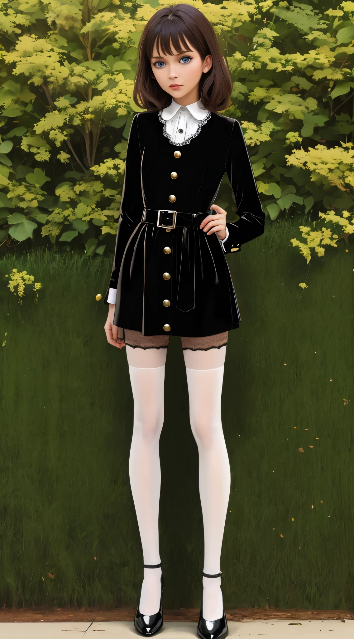 1girl, solo, (Willy Wonka and the Chocolate Factory (1971)), Veruca Salt, loli, Chestnut Brown hair, blue eyes, long-sleeved red button-up short dress with black buttons on the bodice, a white collar, a black broad band around the waist, white fold-up cuffs with lace lining, white tights on her legs, and black patent leather Mary Jane shoes, background, Candy grass hill with candy cane trees, best quality, masterpiece quality