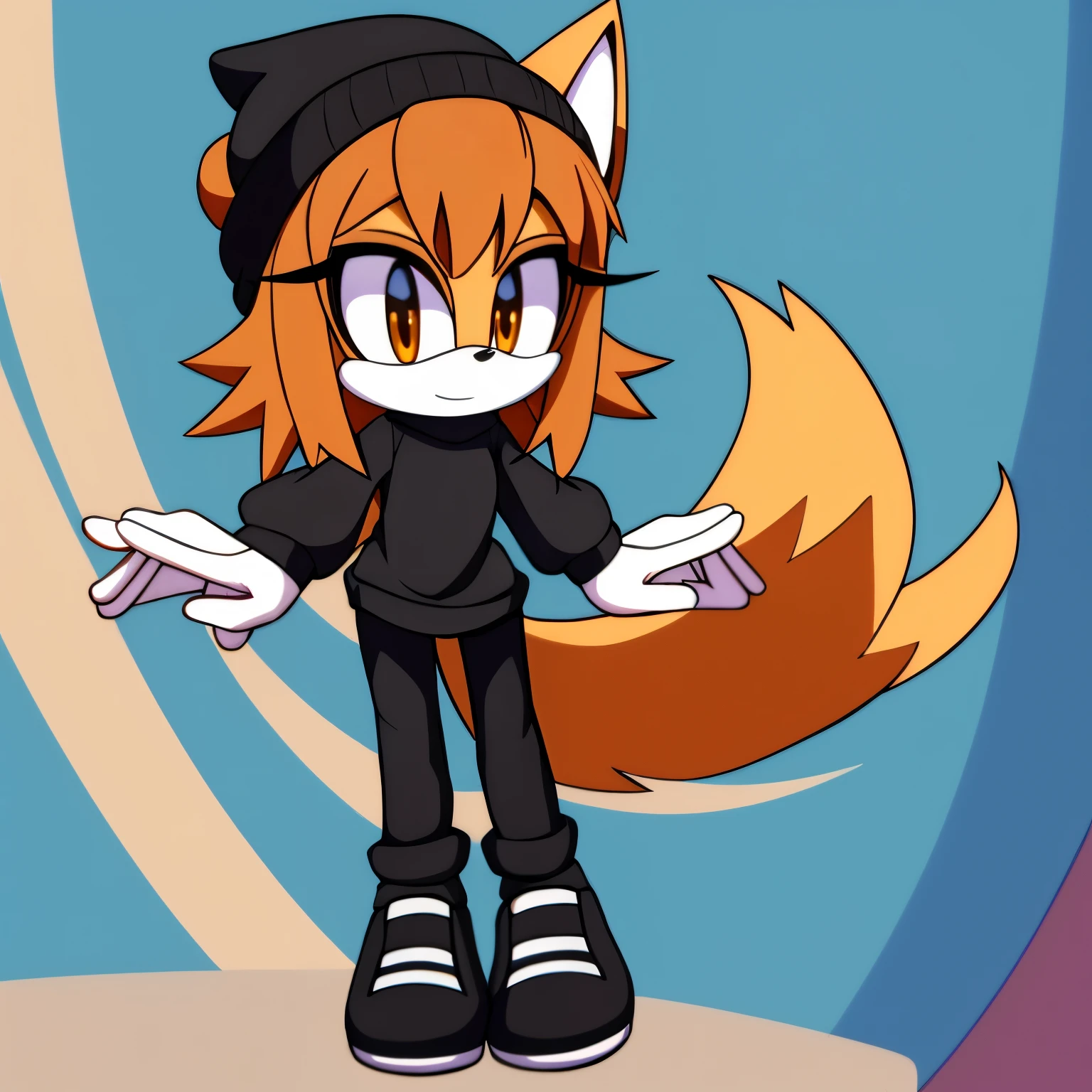 Female, Mobian, Fox, Vanilla colored fur, medium hair, long sleeve crew neck shrug, black top, leggings, knee high baggy white socks, black shoes, black beanie, ((2D Anime Style))