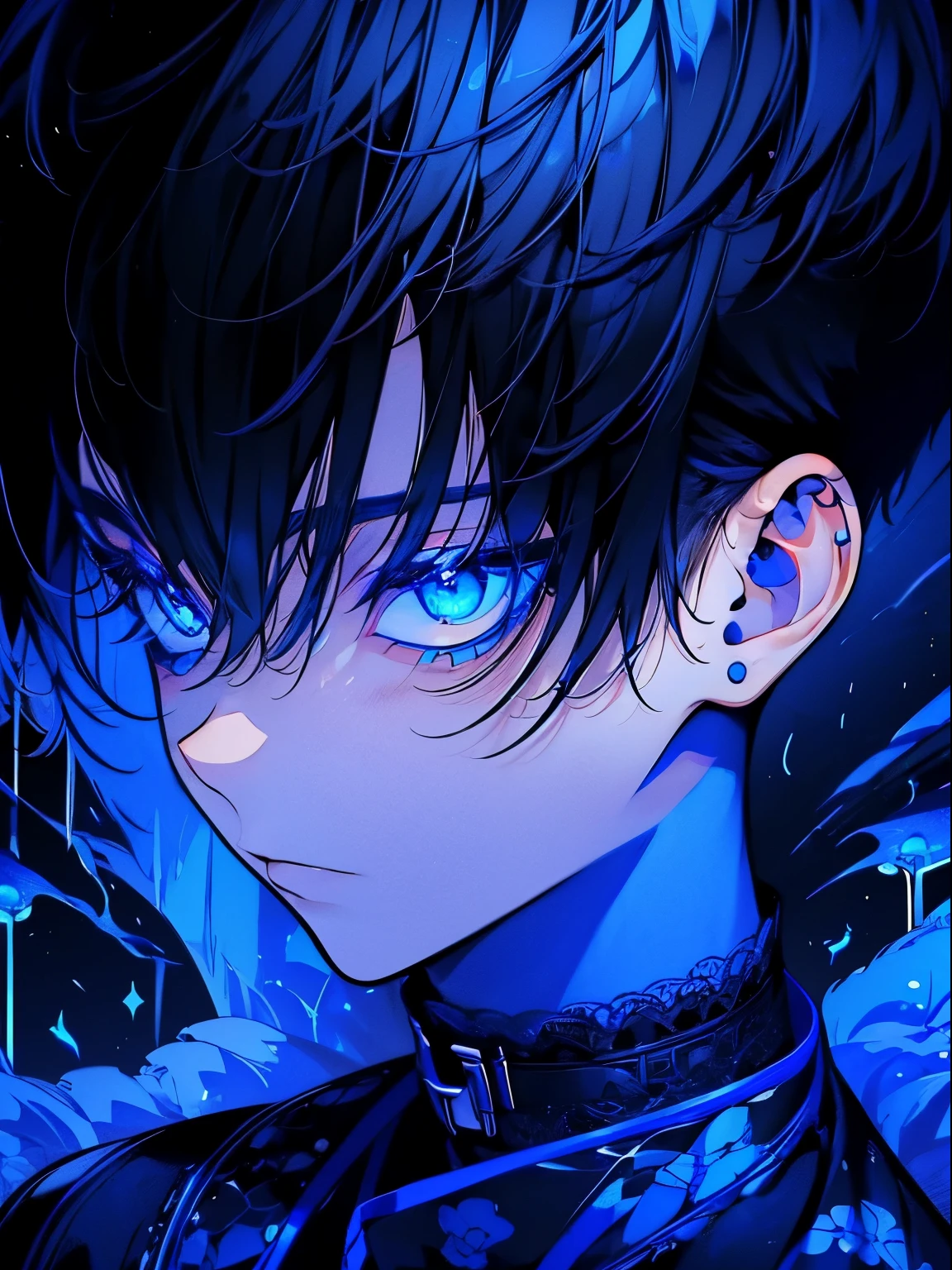 (masutepiece), (Best Quality), Highly detailed, 1 boy, Solo Focus, Perfect face, Beautiful face, extra detailed face，(black hair shorthair:1.3)，(glowingblueeyes:1.4)，black suits，Eyelashes long