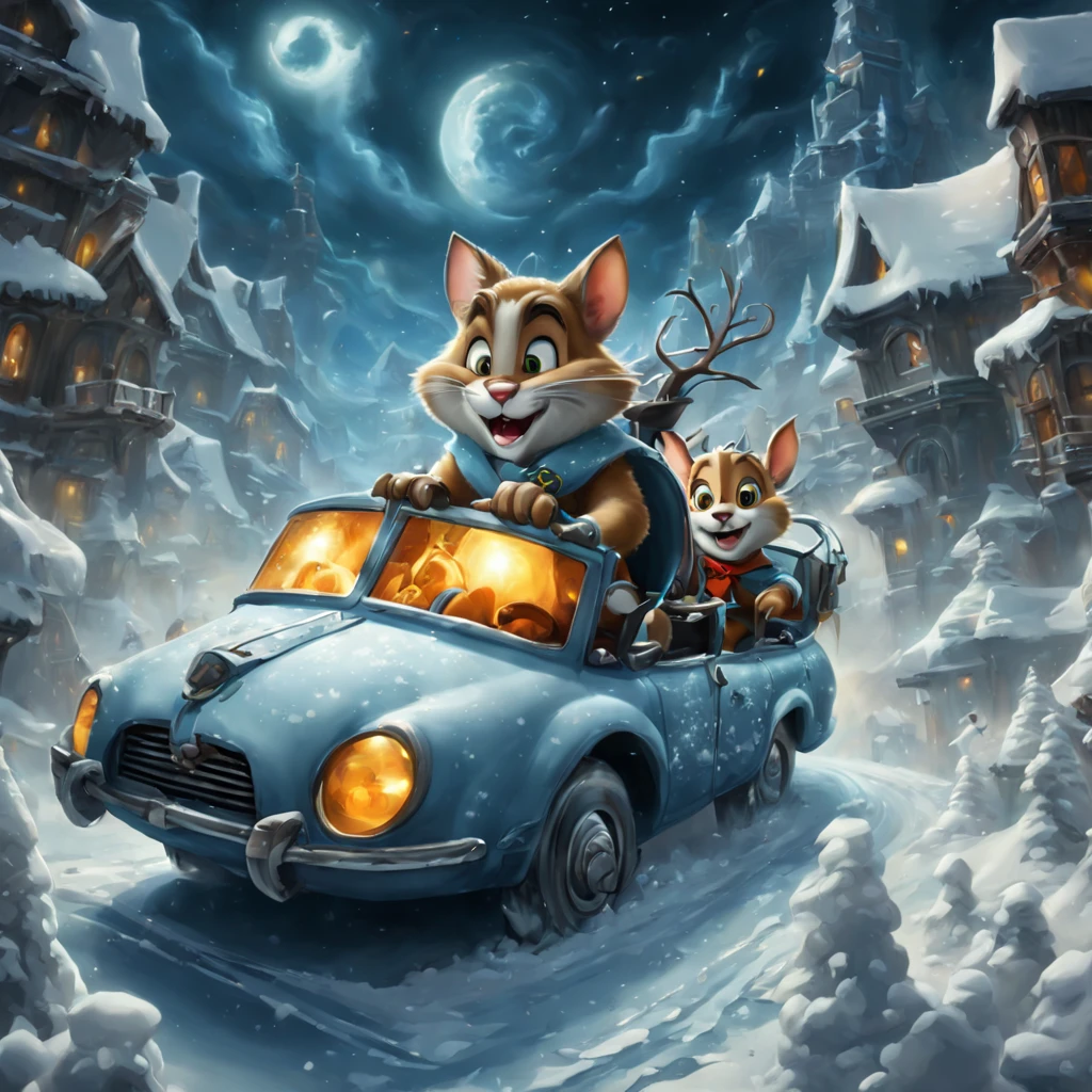 Tom and Jerry, driving space hover car pulled by reindeer, snow-land landscape, Christmas night, close-up, dynamic and fluid, motion blur, 45 degree angle, action shot, wizard battle of the undead and medieval warriors, snowy night, icy stone ruins, frozen misty, gusts of wind, chill, spell-fire and lightning light up the frozen city of the dead