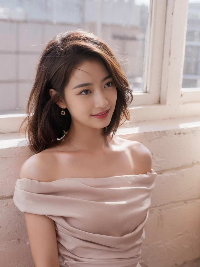 (On a table, Best quality at best, realistically, ultra - detailed, meticuloso, A high resolution, 8k wallpaper), Close-up portrait of a beautiful woman, Chariada, Smiling, light brown messy hair, Perfect dynamic composition, 美丽meticuloso的眼睛, Just like the cover of a fashion magazine, On campus