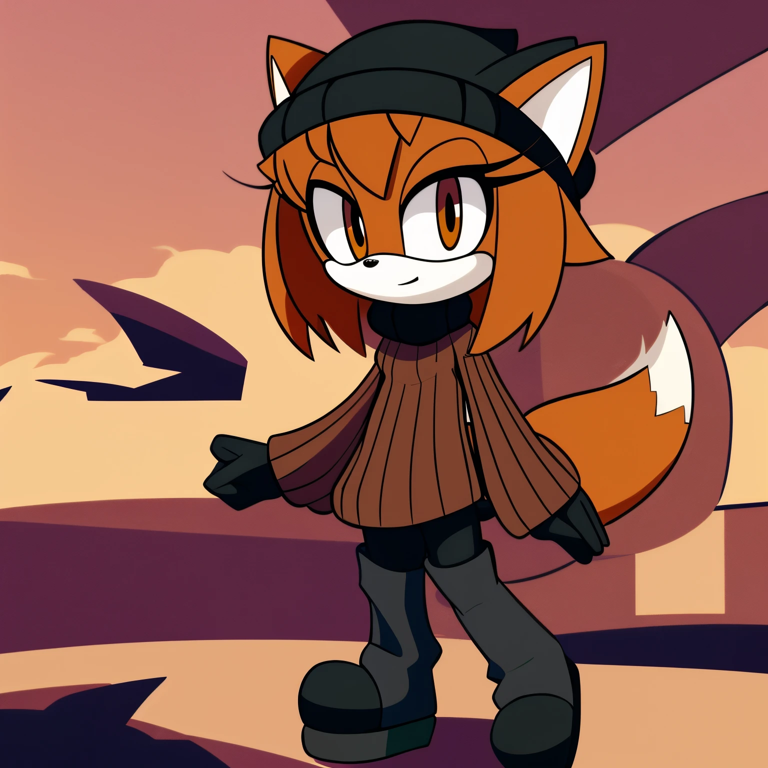 Female, Mobian, Fox, Vanilla colored fur, medium hair, long sleeve turtleneck shrug sweater, black top, leggings, knee high baggy white socks, black shoes, black beanie, ((2D Anime Style))