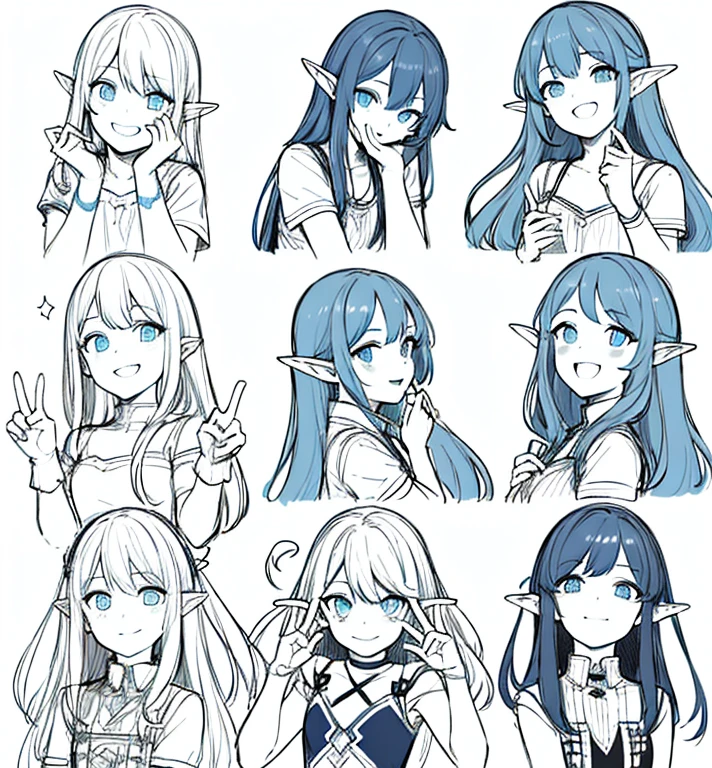 There stood a girl with two dragon horns on her head..,A smile on his face,Happy expression,tmasterpiece, Need, 1girl, 独奏, Ancient bloating, Blue Elf Hair, simple background, whitebackground, flat colors, Line drawings, ((Sketch))