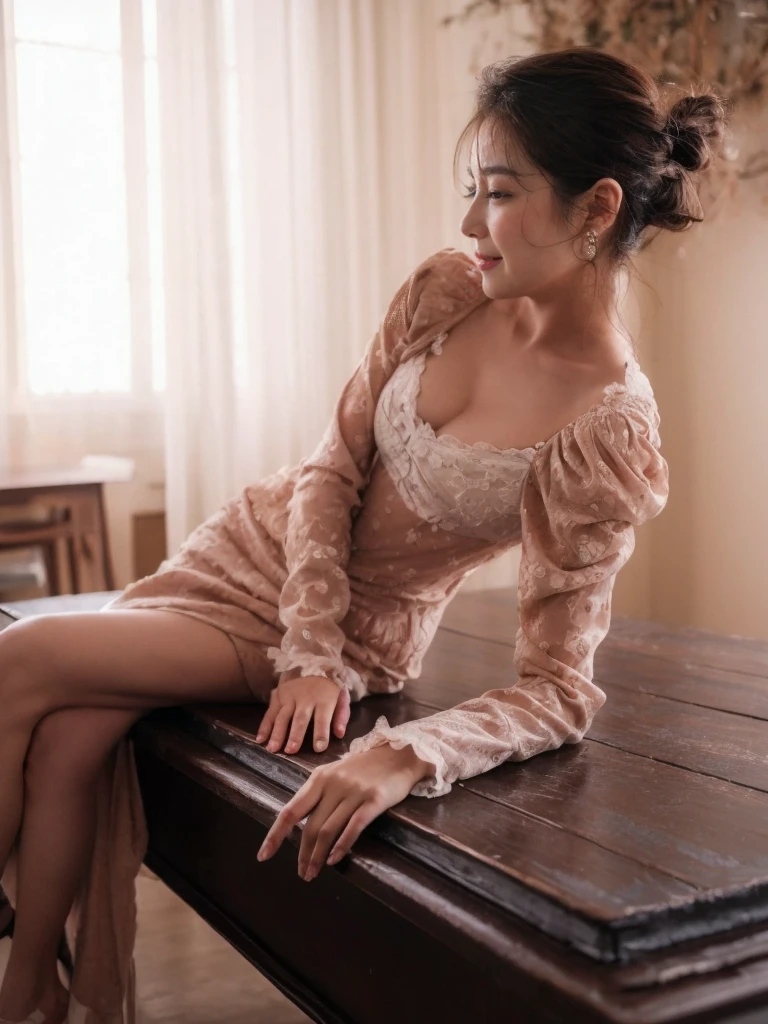 (On a table, Best quality at best, realistically, ultra - detailed, meticuloso, A high resolution, 8k wallpaper), Close-up portrait of a beautiful woman, Chariada, Smiling, light brown messy hair, Perfect dynamic composition, 美丽meticuloso的眼睛, Just like the cover of a fashion magazine, On campus