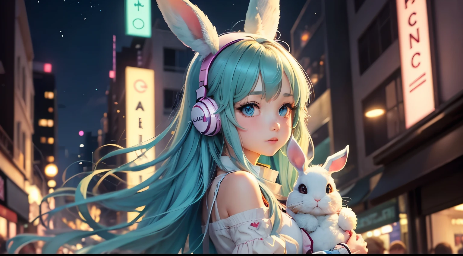 cute anime girl,holding bunny,listening to music,New Year's Eve street,green-blue eyes,long hair,illustration,detailed,pastel colors,vibrant lighting,anime style,soft brushstrokes,highres,ultra-detailed,professional