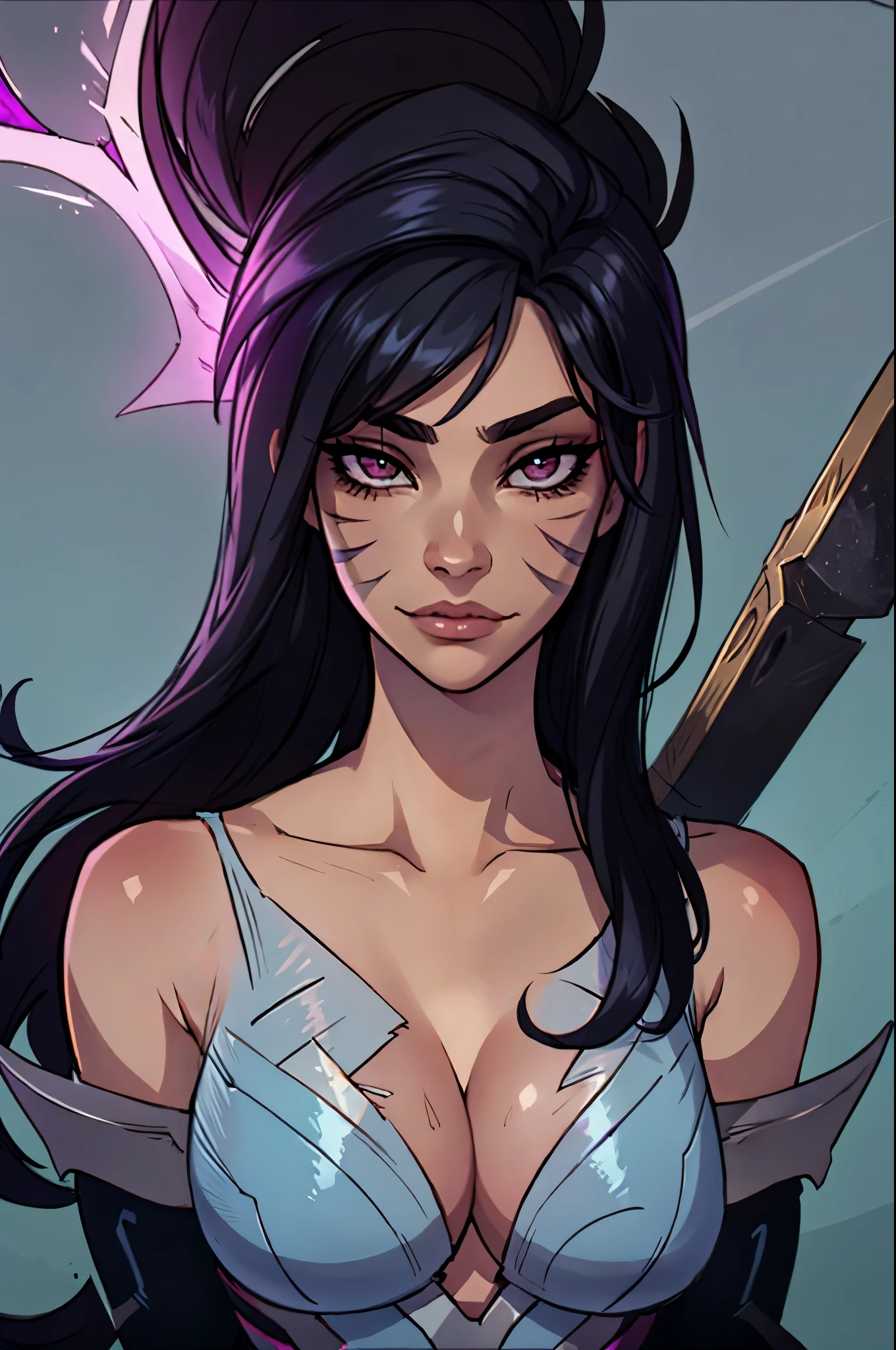 void, kai'sa, league of legends, 1girl, looking at viewer, solo, long hair, facial mark, black hair, collarbone, masterpiece, best quality, face portrait, face closeup, smooth, beautiful