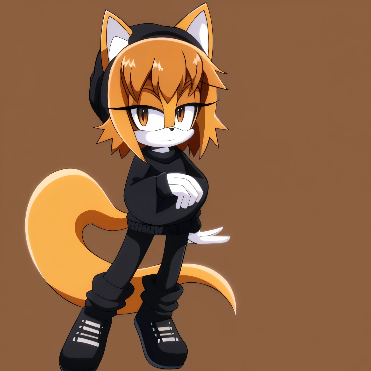 Female, Mobian, Fox, Vanilla colored fur, medium hair, long sleeve crew neck shrug, black top, leggings, knee high baggy white socks, black shoes, black beanie, ((2D Anime Style))