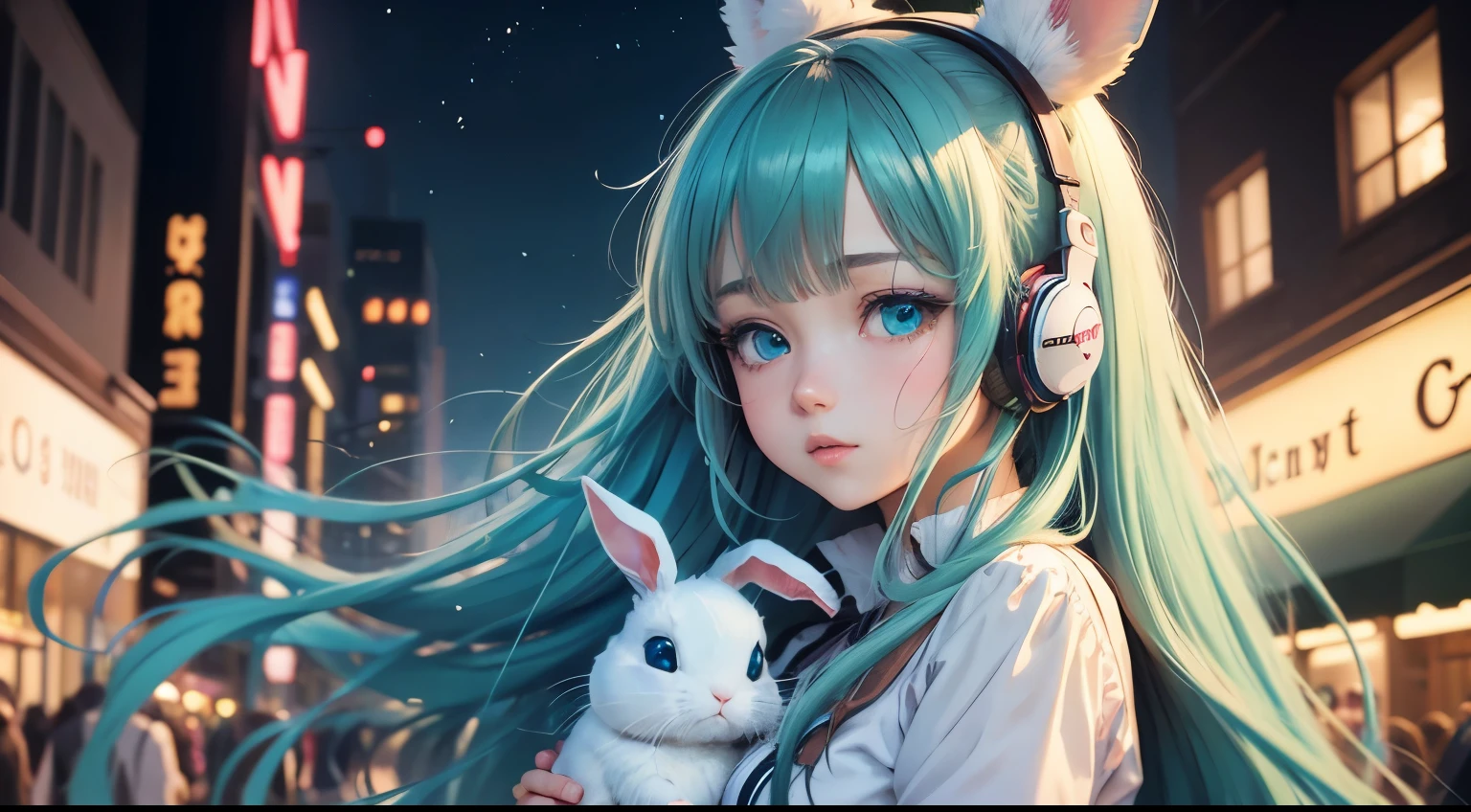 cute anime girl,holding bunny,listening to music,New Year's Eve street,green-blue eyes,long hair,illustration,detailed,pastel colors,vibrant lighting,anime style,soft brushstrokes,highres,ultra-detailed,professional