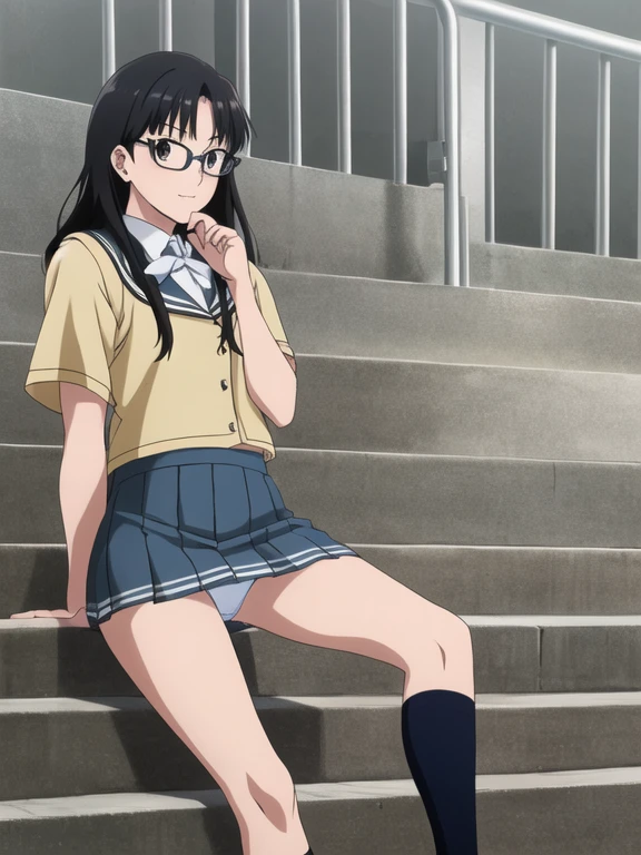 Best Quality, masutepiece, 超A high resolution, (Photorealistic: )2D official style cel anime sitting amagami Tsukasa Ayatsuji girl with hi-school girl uniform stairs white line mini skirt Open legs Show me your light blue lace underwear be shy Rimmed glasses Longhaire Straight hair from the front side knee sox lowfers