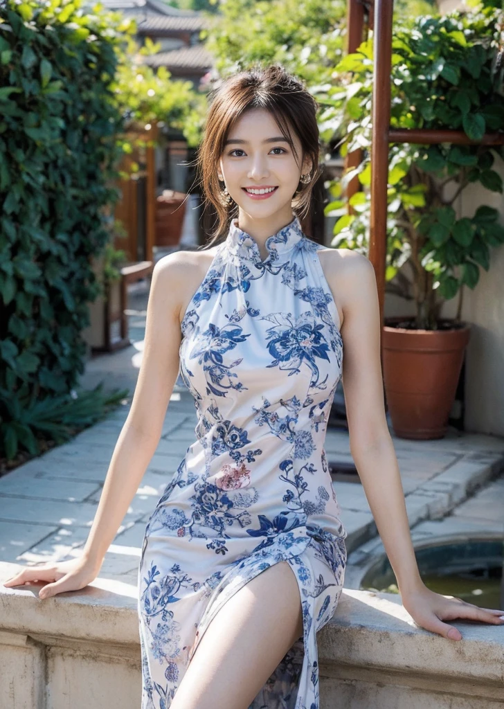 (On a table, Best quality at best, realistically, ultra - detailed, meticuloso, A high resolution, 8k wallpaper), Close-up portrait of a beautiful woman, Chariada, Smiling, light brown messy hair, Perfect dynamic composition, 美丽meticuloso的眼睛, Just like the cover of a fashion magazine, On campus