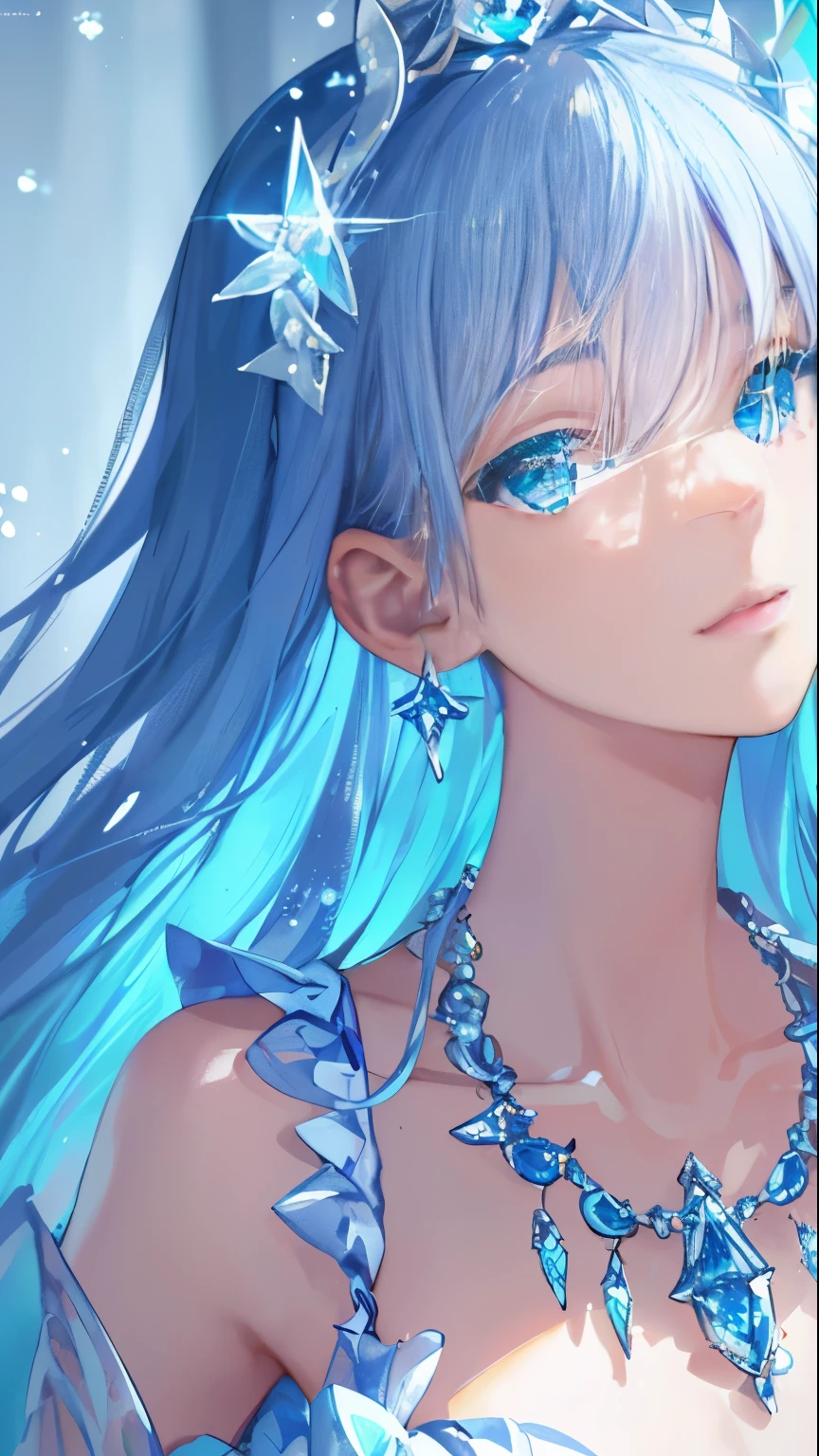 Masterpiece, Best Quality, Illustration, Sax Blue, Platinum Earrings, Platinum Necklace, Blue Dress, 1girl, Cute, (Dynamic Lighting:1.2), Cinematic Lighting, Delicate Facial Features, Detailed Eyes, Sharp Pupils, Realistic Pupils, Depth of Field, Bokeh, Sharp Focus, (Ultra Detailed, Bloom, Glow:1.4), Many Little Jewels,Angel Wings,Beautiful Abs