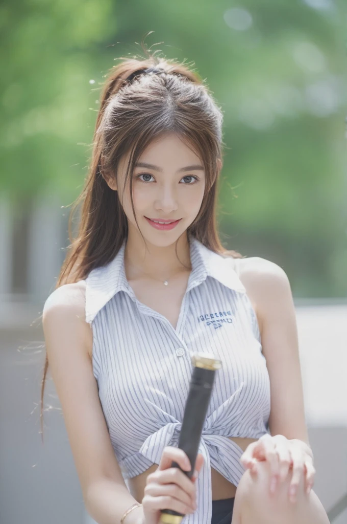 (On a table, Best quality at best, realistically, ultra - detailed, meticuloso, A high resolution, 8k wallpaper), Close-up portrait of a beautiful woman, Chariada, Smiling, light brown messy hair, Perfect dynamic composition, 美丽meticuloso的眼睛, Just like the cover of a fashion magazine, On campus