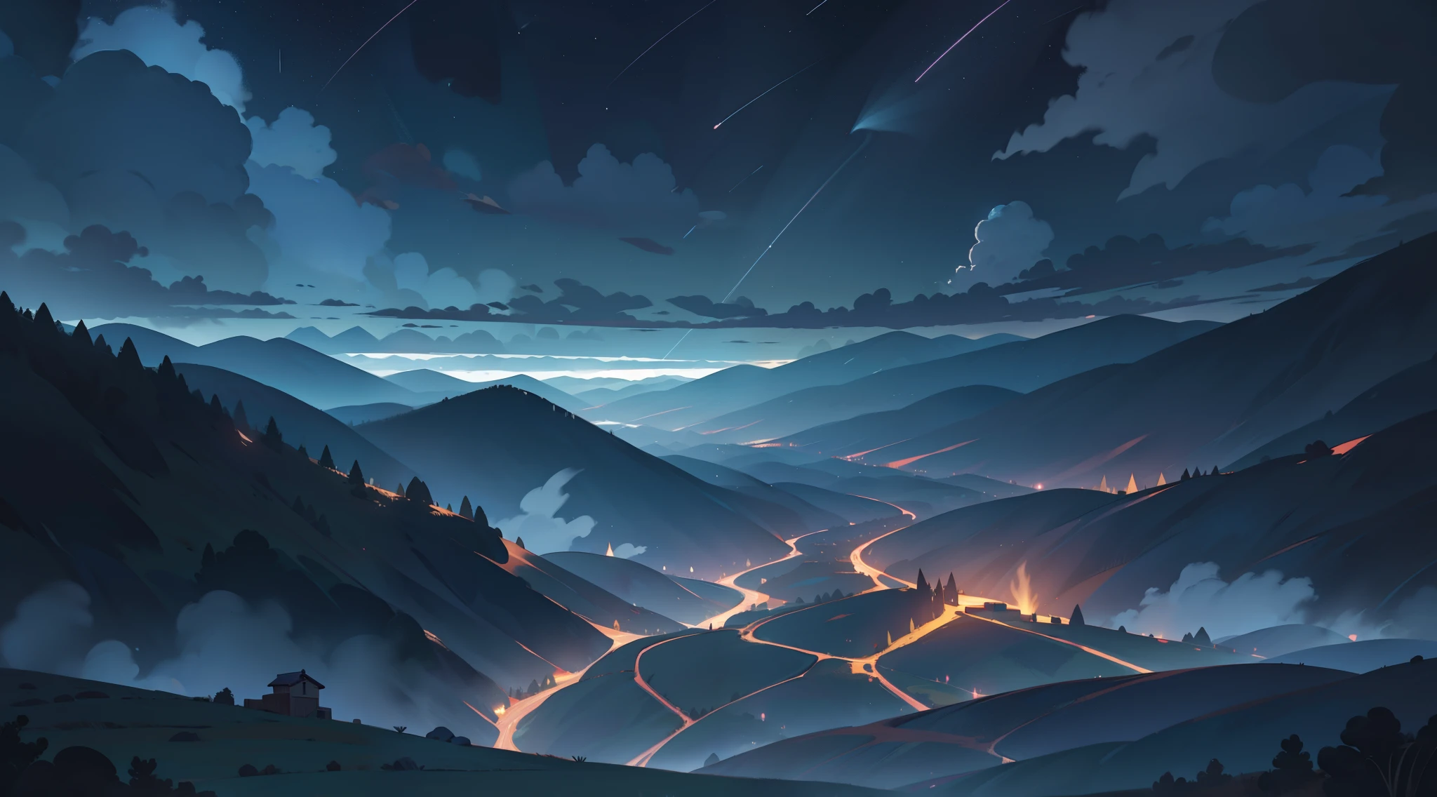 , very very deep valley , outside , very very very wide shot , outside , helicopter shot , details background , night , dark cloud sky , dark night lighting, magic sky ,