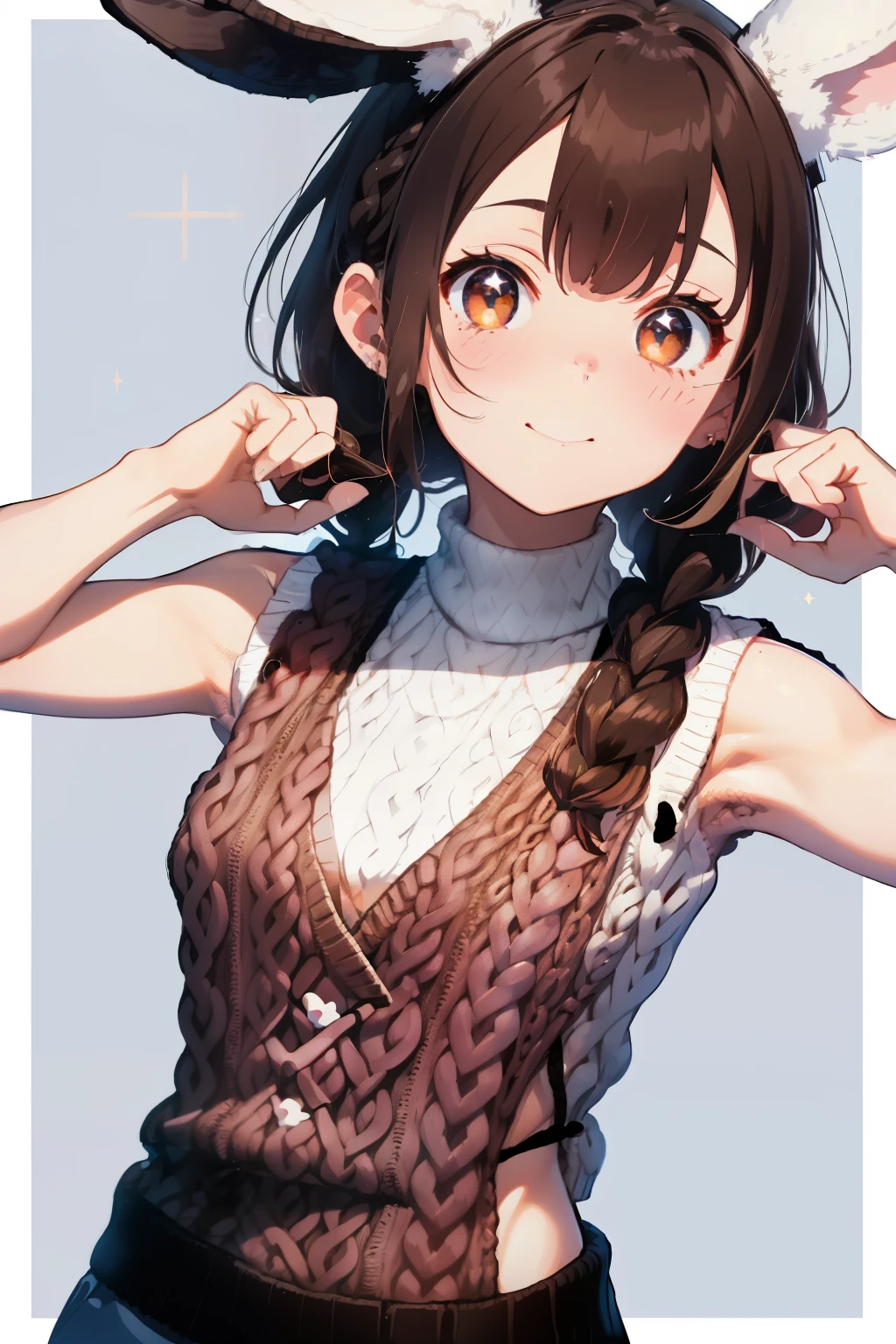 ((Brown hair)),((Braided shorthair)),((With black eyes)),Slight red tide,(With bangs),(sleeveless type sweater:2.0),(Rabbit illustration:1.5),(Usamimi:1.75),(Cute pose with both hands:1.2),(active movement:1.5),(one piece type dress:1.25),(garterbelts),(fluffy fur decoration:1.2),(slim pants),(Eye size:1.5),(your eyes are shining like stars:1.25),(Cute and pop worldview:1.7),(Soft light),Smiling,(white, pink, light purple, blue and yellow)