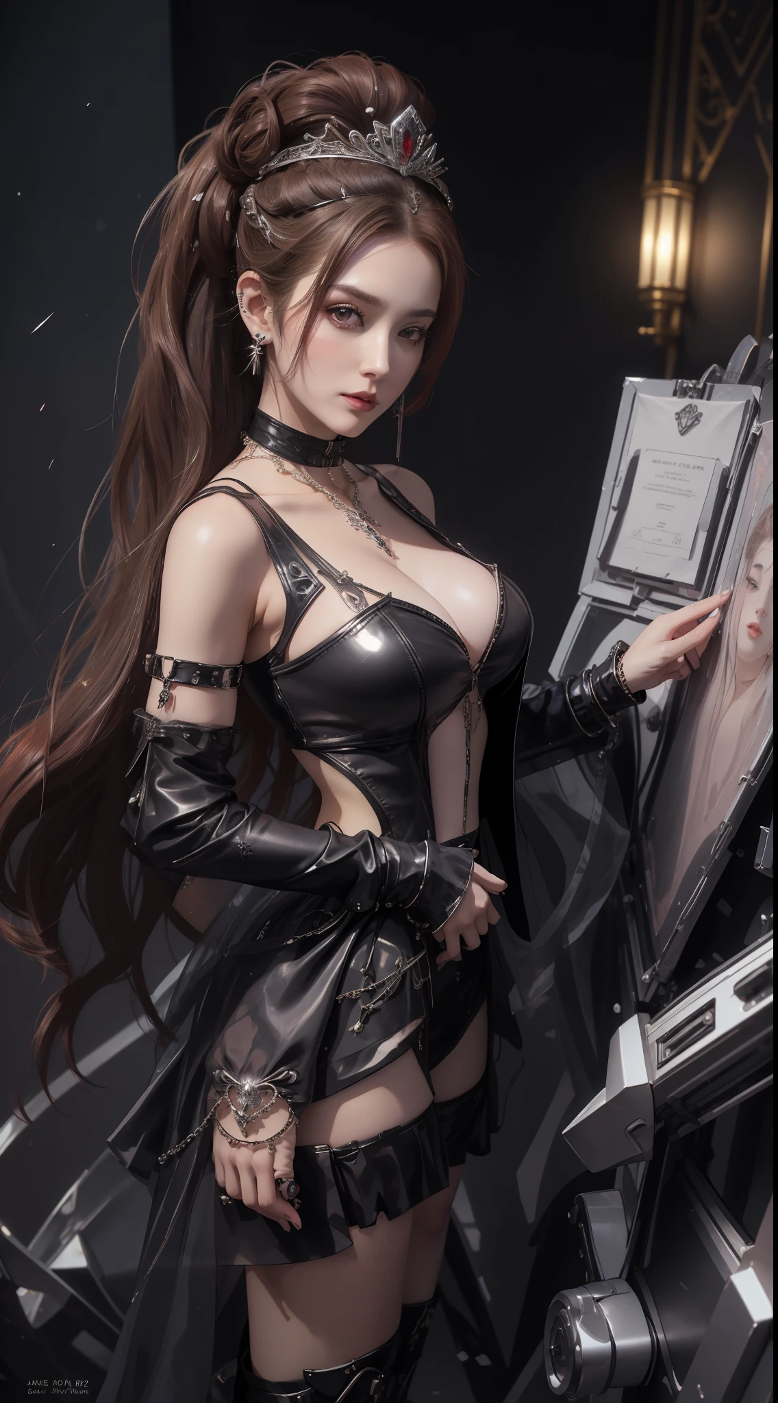 tmasterpiece,Highest image quality,Beautiful bust of noble mature aunt,Exquisite red updo hairstyle,Decorated with tiara,choker,ear studs,Avant-garde black metallic leather jacket,leg loopquisitely crafted jewelry,Ultra-detailed details,advanced。At the Pixiv Art Station,Break your own power,Louie,Big breasts exposed,,R-18G