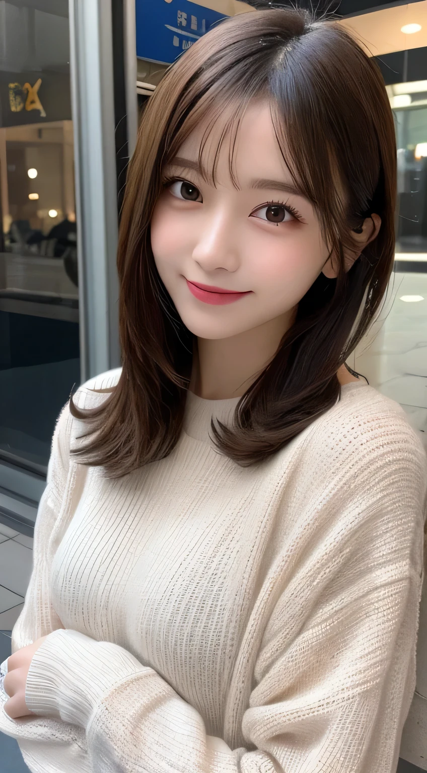 masutepiece, Best Quality, Illustration, Ultra-detailed, finely detail, hight resolution, 8K Wallpaper, Perfect dynamic composition, Beautiful detailed eyes, Cold winter clothes,Medium Hair,Small breasts natural color lip, Bold sexy poses,Smile,Harajuku、20 years girl、Cute、Sexy shot looking at camera,Slender face